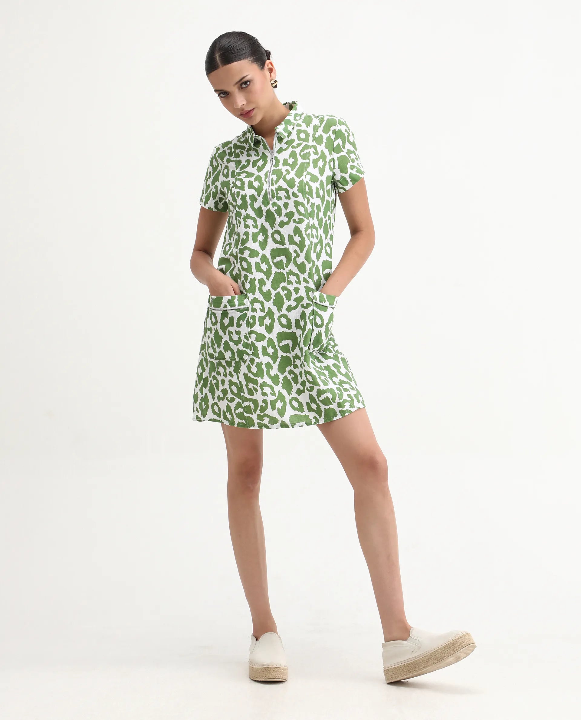 Rareism Women's Kyoti White Linen Spread Collar Abstract Print Regular Fit Dress