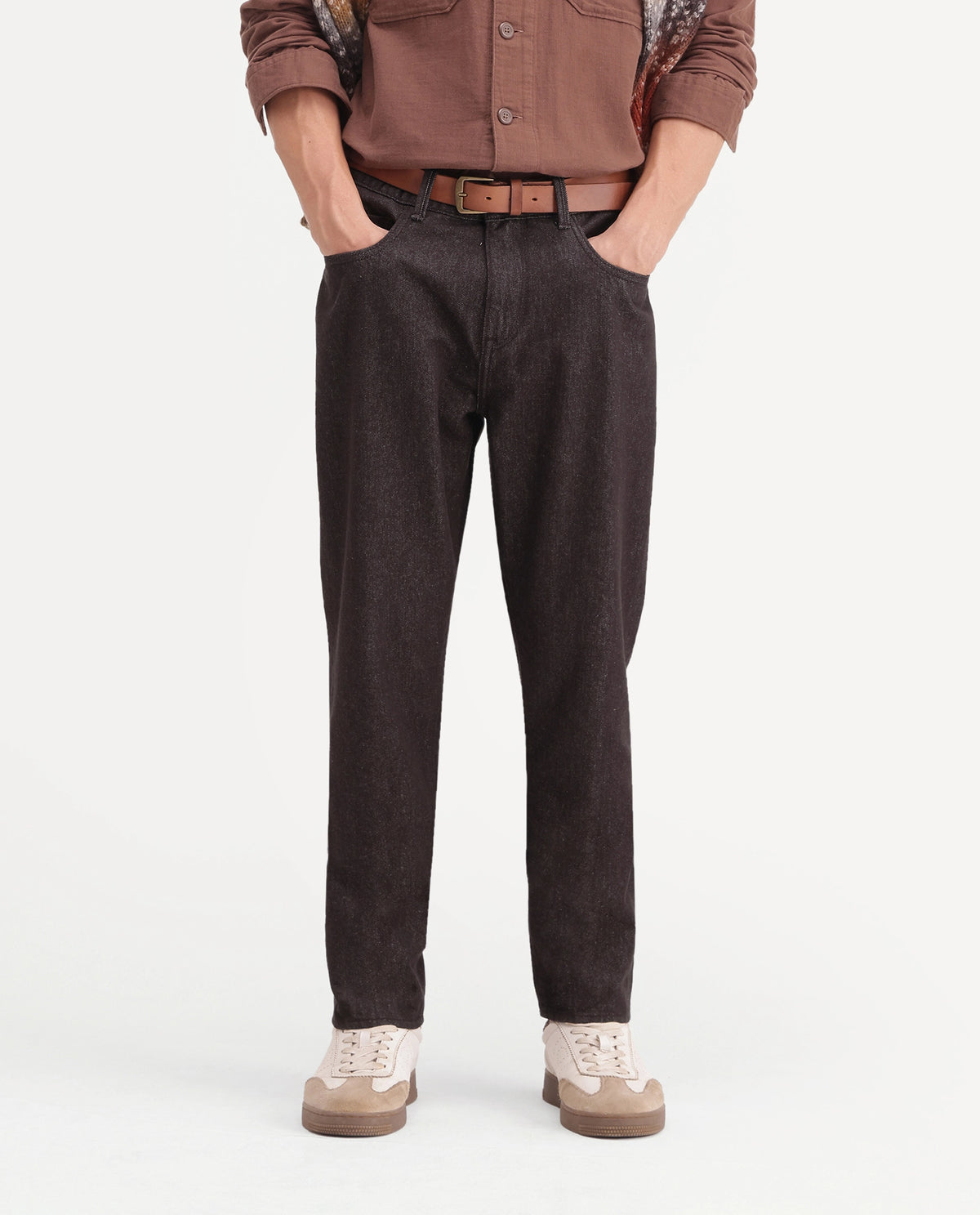 Rare Rabbit Men's Ladd Fluorescent Brown Cotton Kurt Carrot Plain Jeans