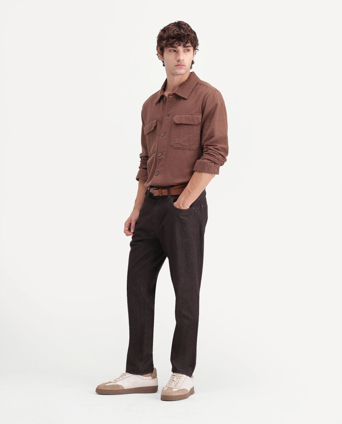 Rare Rabbit Men's Ladd Fluorescent Brown Cotton Kurt Carrot Plain Jeans