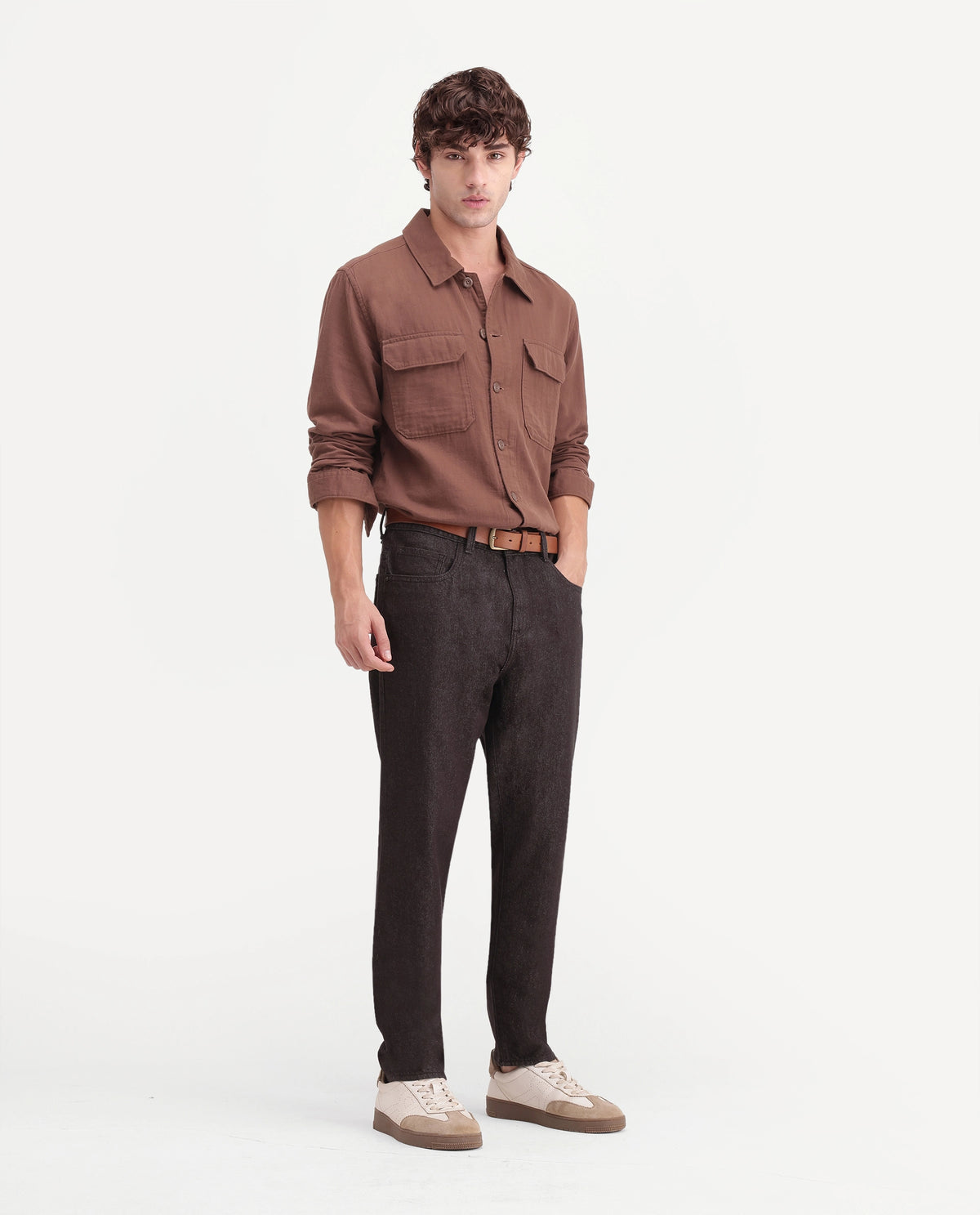Rare Rabbit Men's Ladd Fluorescent Brown Cotton Kurt Carrot Plain Jeans