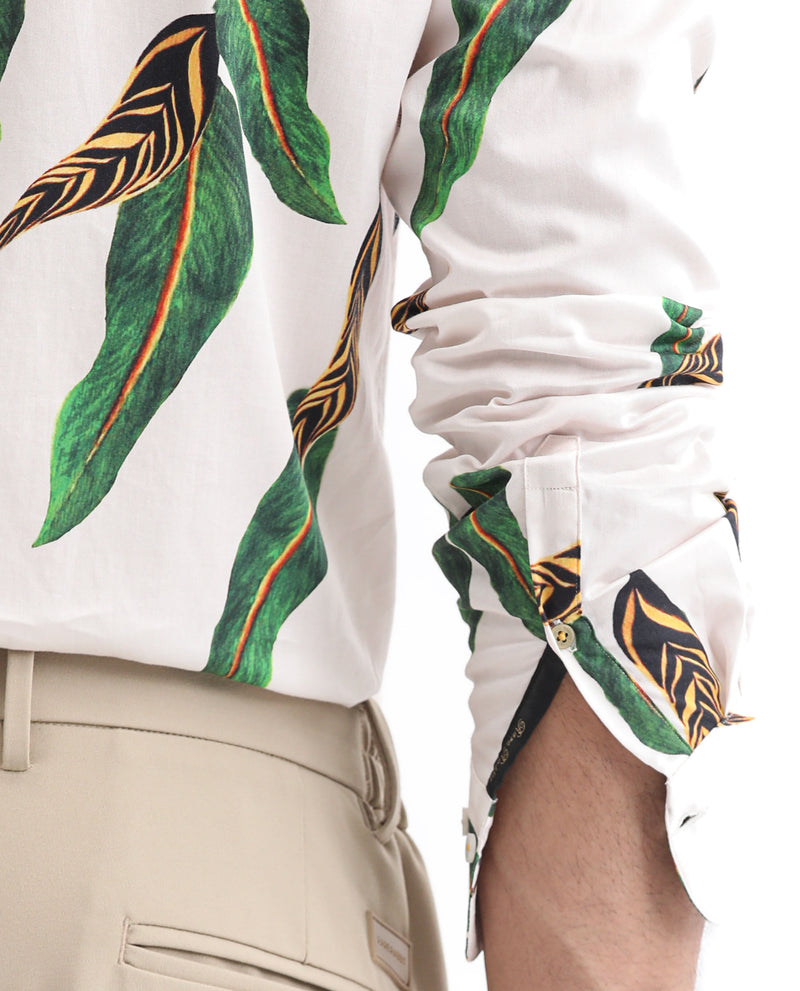 Rare Rabbit Men's Lafey Off White Cotton Fabric Tropical Print Full Sleeves Shirt