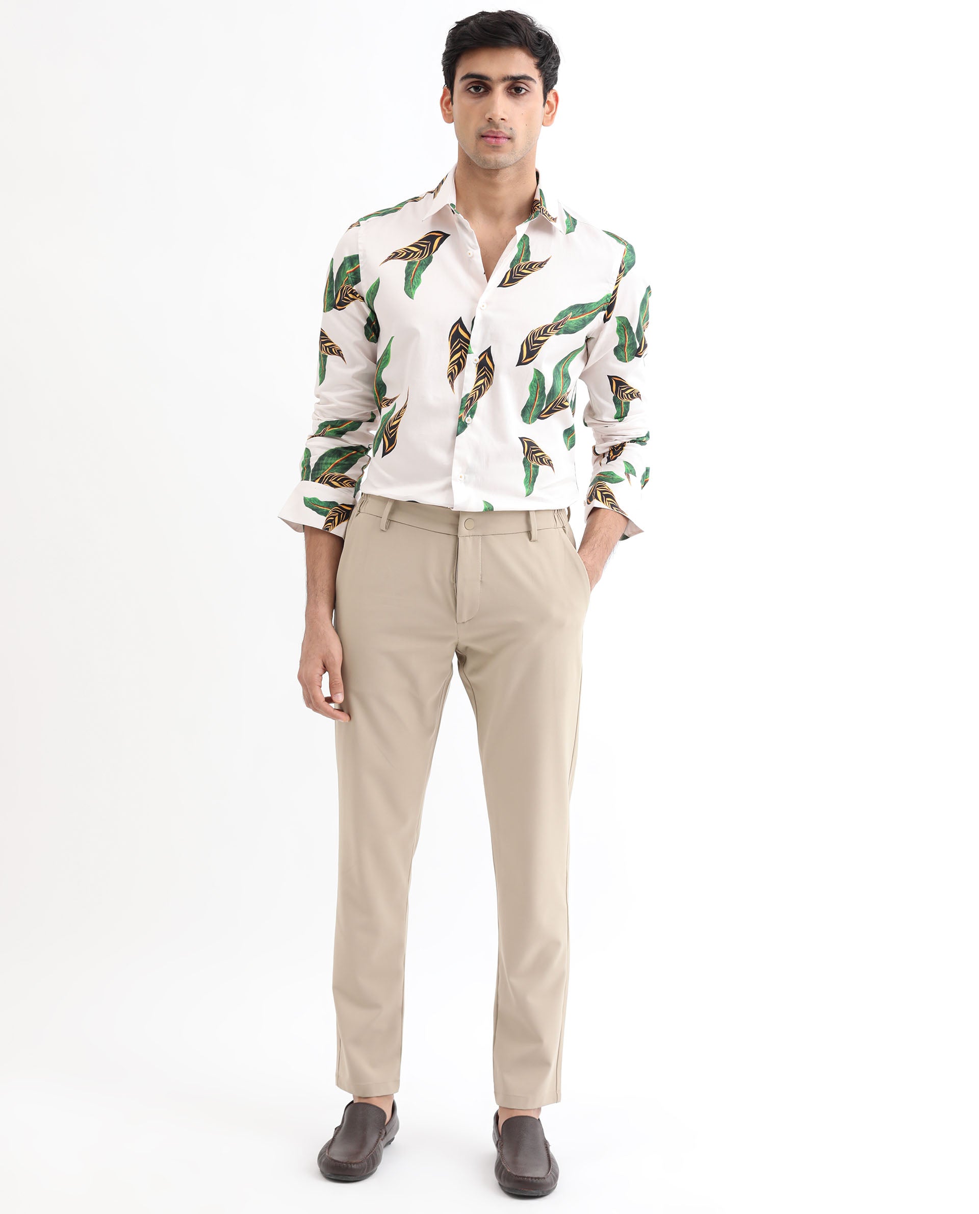 Rare Rabbit Men's Lafey Off White Cotton Fabric Tropical Print Full Sleeves Shirt