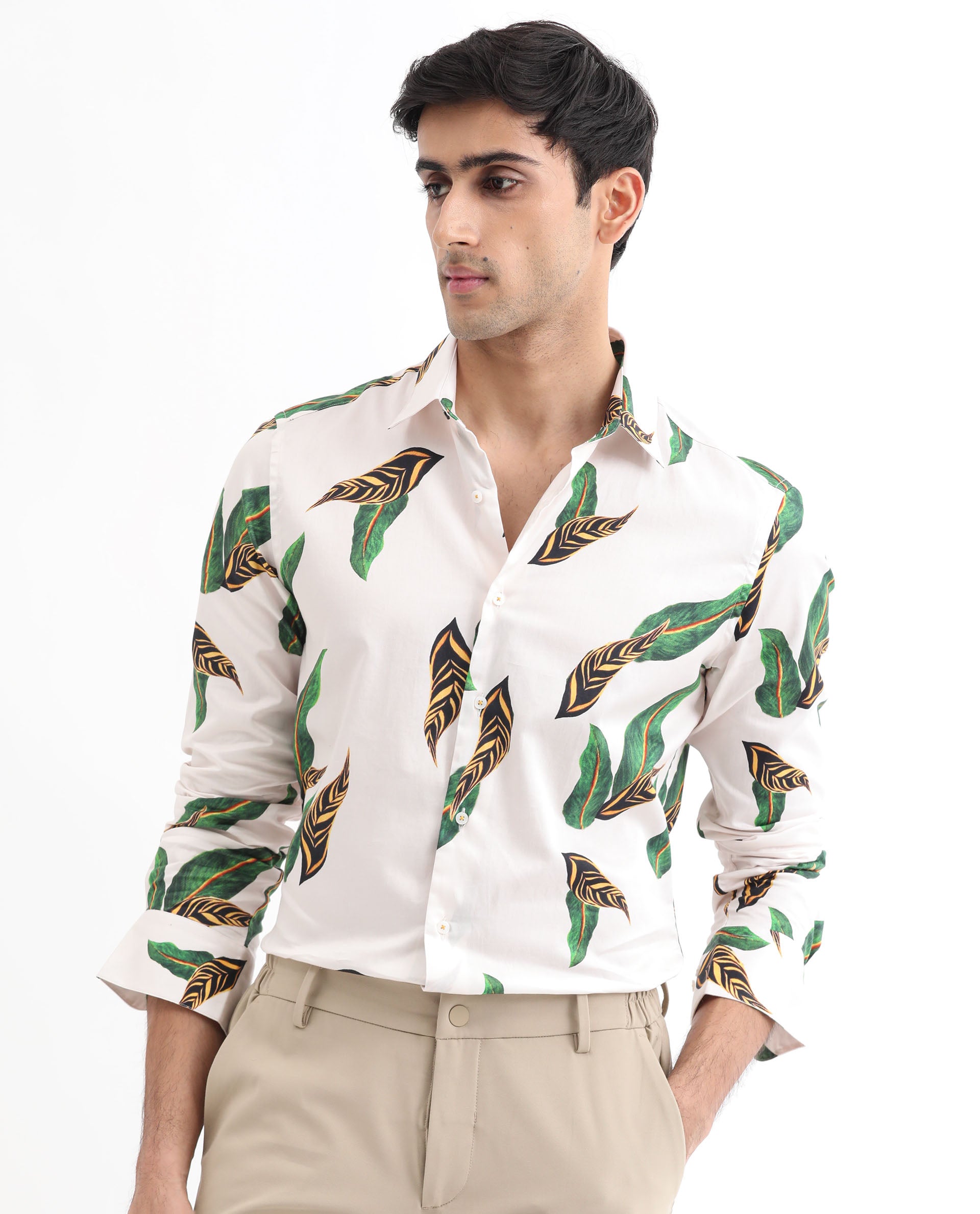 Rare Rabbit Men's Lafey Off White Cotton Fabric Tropical Print Full Sleeves Shirt