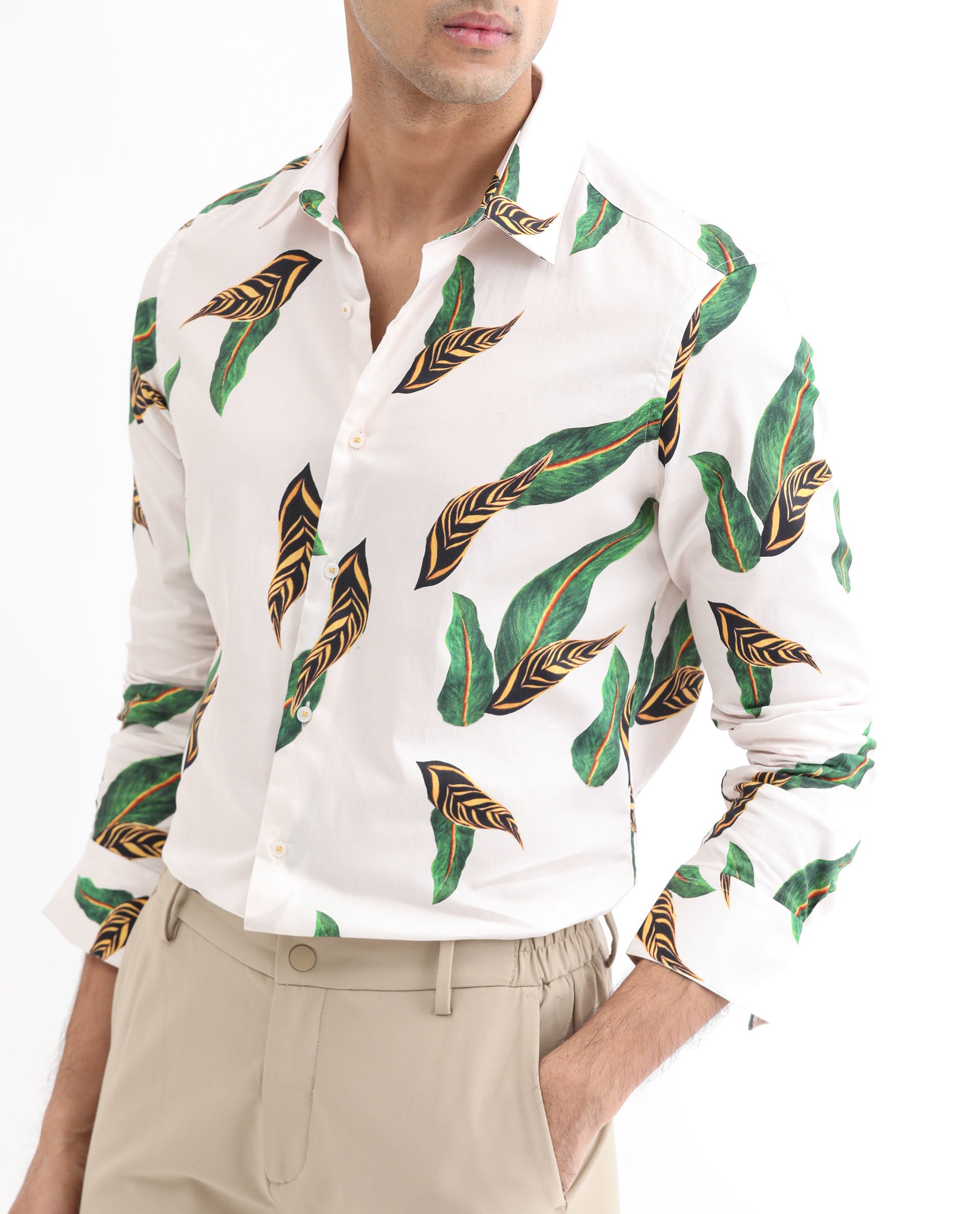 Rare Rabbit Men's Lafey Off White Cotton Fabric Tropical Print Full Sleeves Shirt