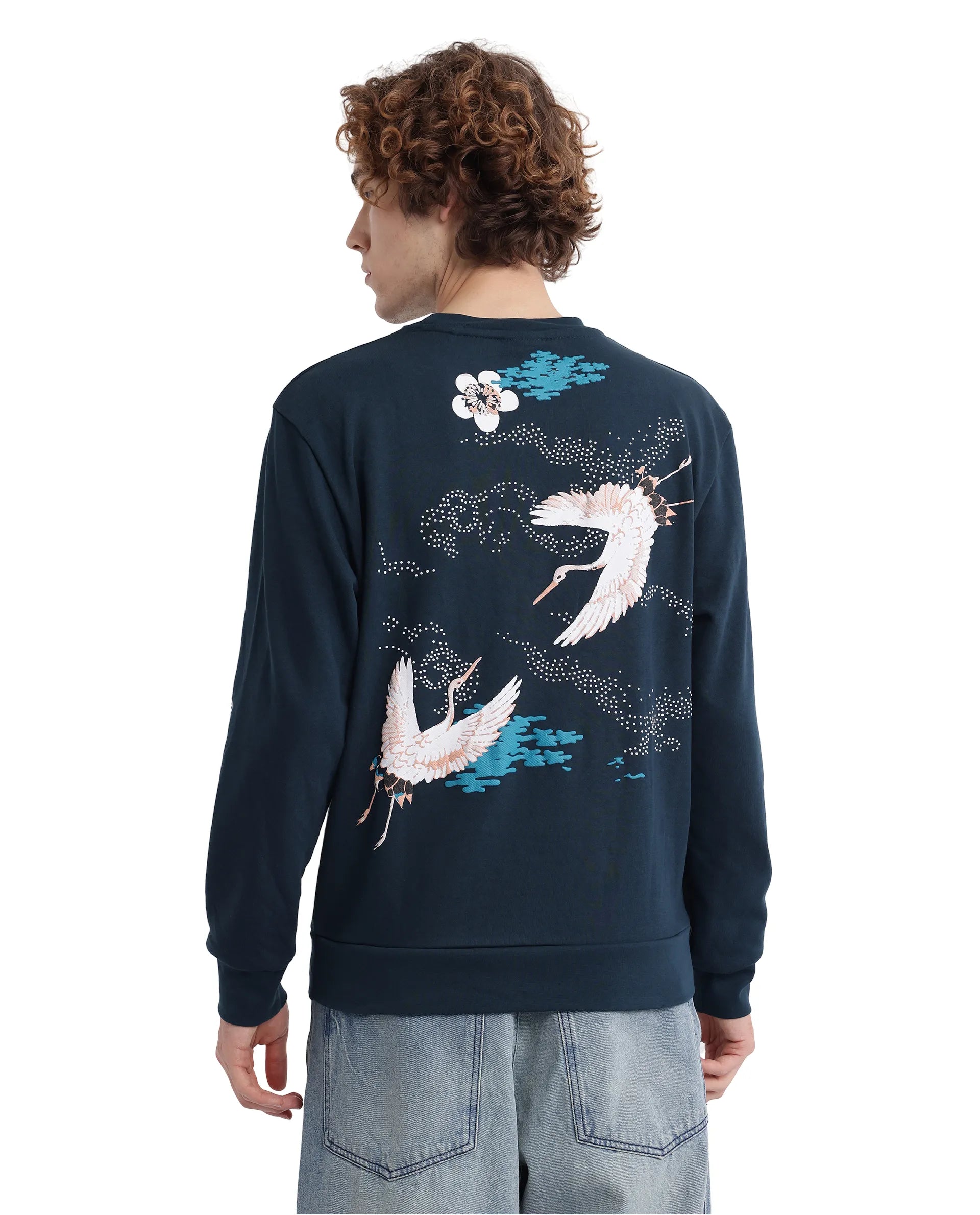 Rare Rabbit Men's Lain Petrol Cotton Blend Fabric Full Sleeve Crew Neck Boxy Fit Sweatshirt