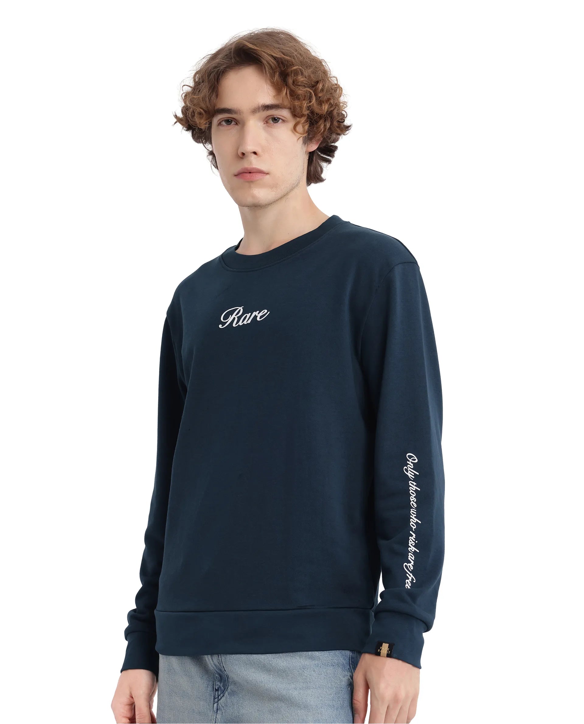 Rare Rabbit Men's Lain Petrol Cotton Blend Fabric Full Sleeve Crew Neck Boxy Fit Sweatshirt