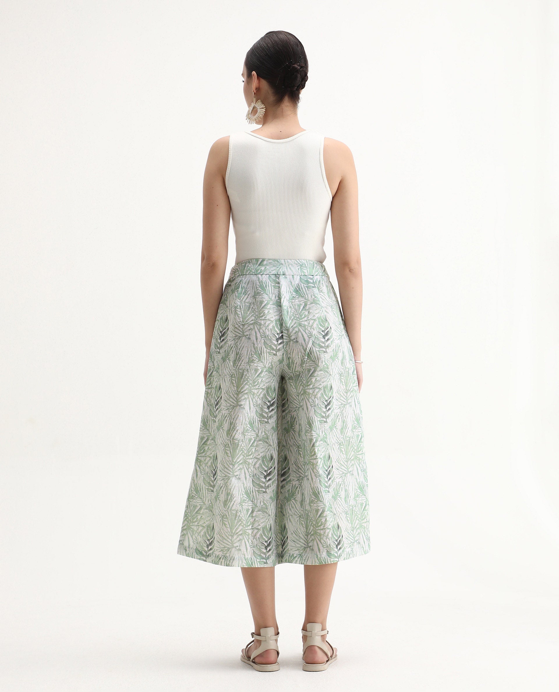 Rareism Women's Lakar Off White Linen Abstract Print Midi Flared Trouser