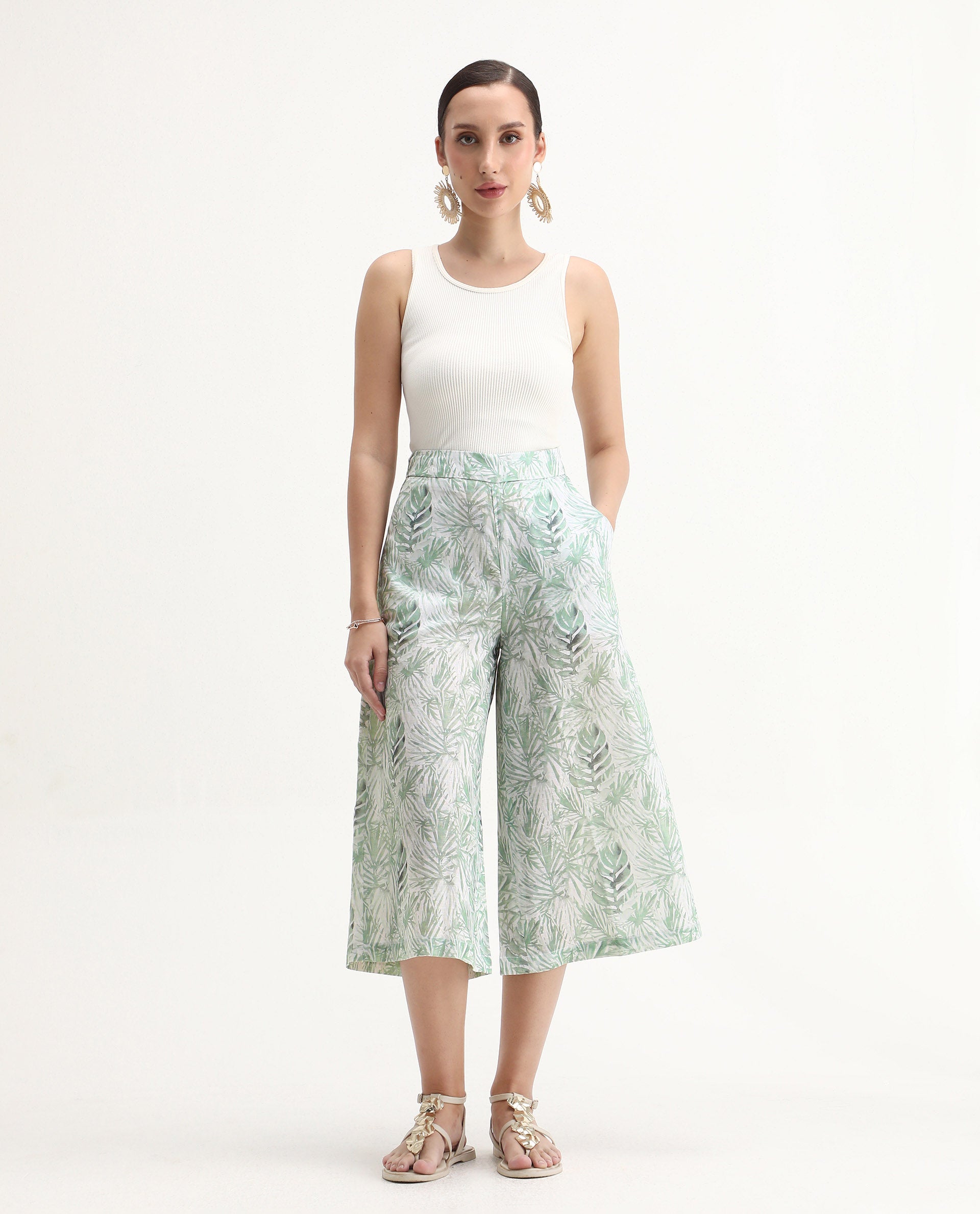 Rareism Women's Lakar Off White Linen Abstract Print Midi Flared Trouser