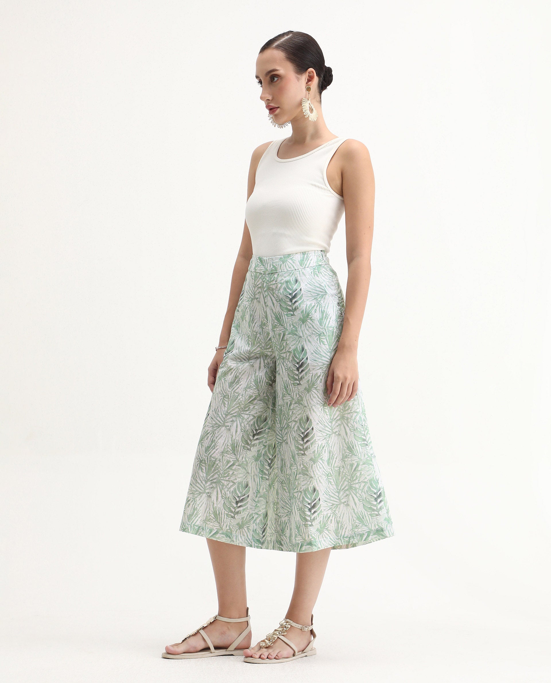 Rareism Women's Lakar Off White Linen Abstract Print Midi Flared Trouser