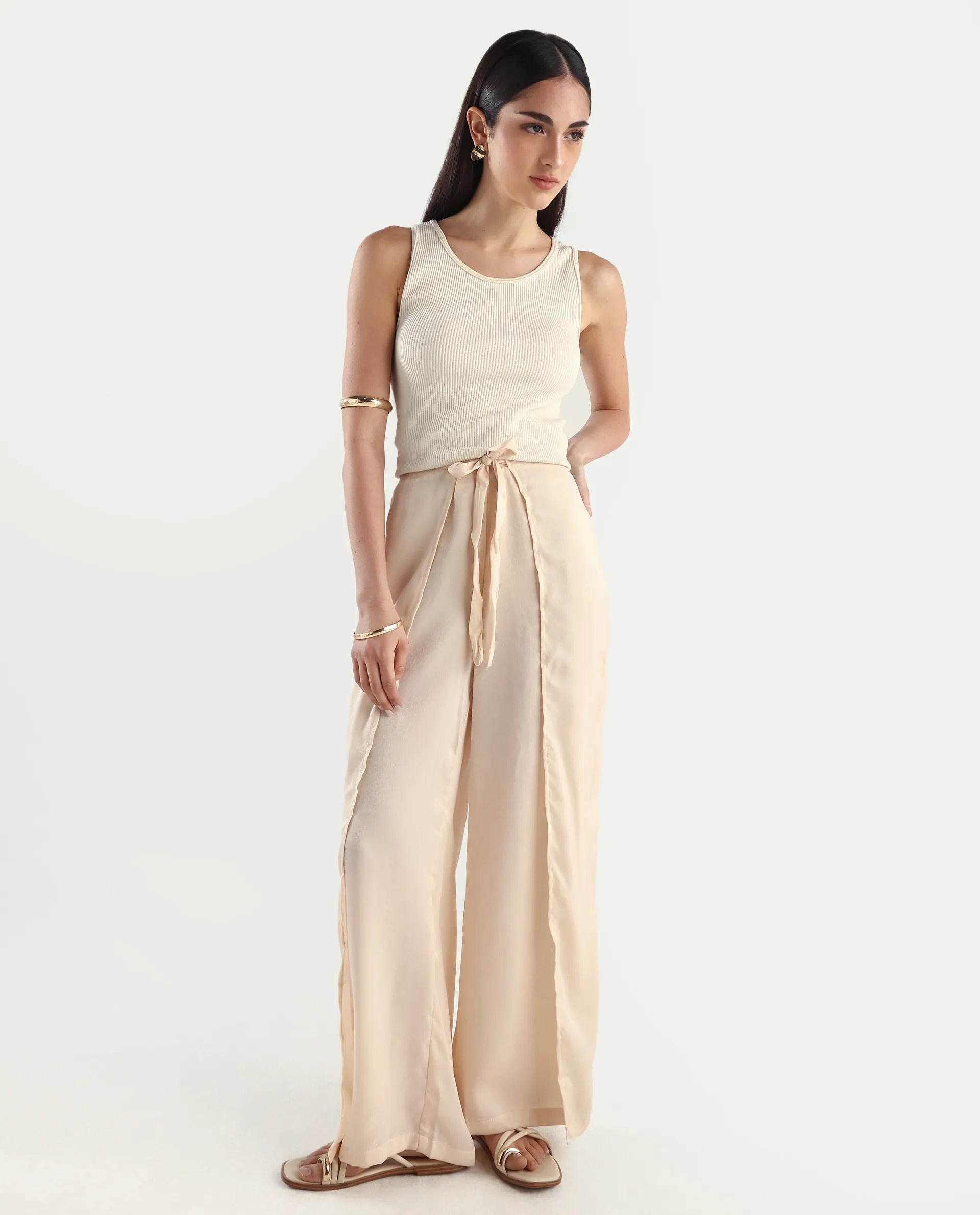 Rareism Women's Lamona B Beige Polyester Plain Ankle Length Wide Trouser