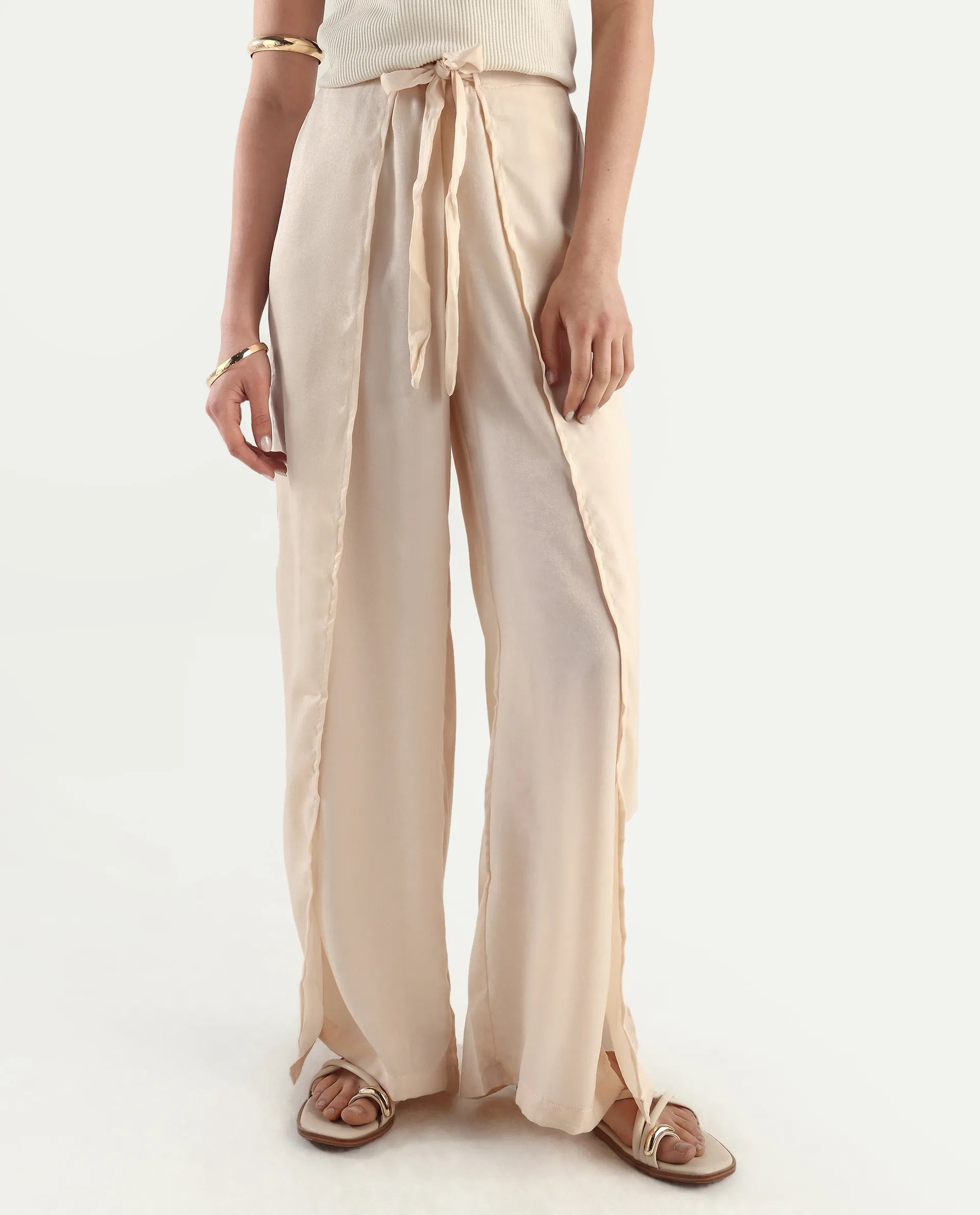 Rareism Women's Lamona B Beige Polyester Plain Ankle Length Wide Trouser