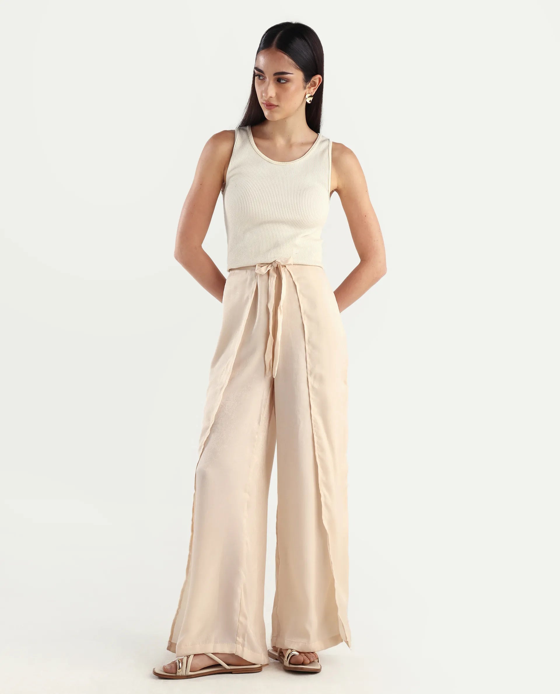 Rareism Women's Lamona B Beige Polyester Plain Ankle Length Wide Trouser