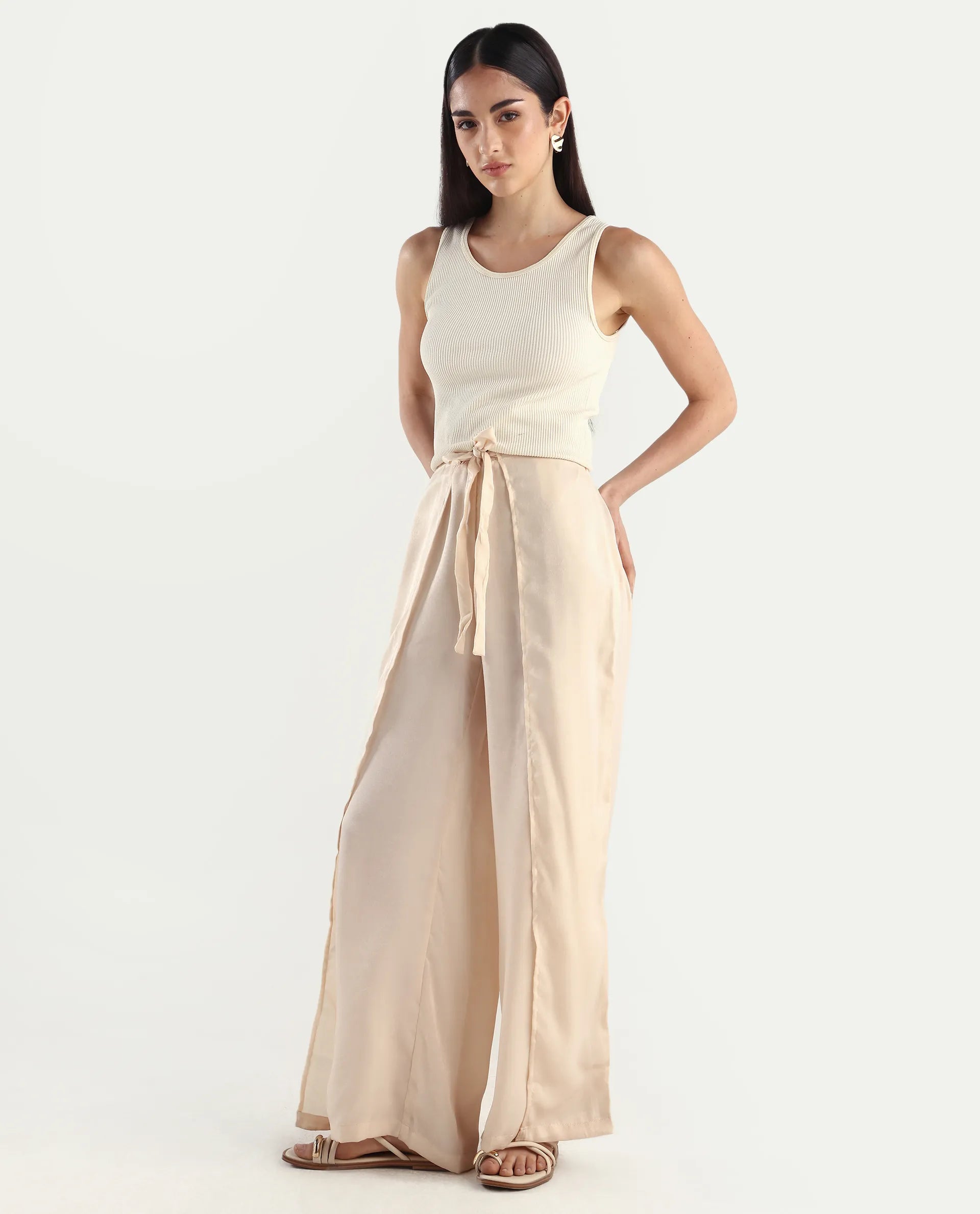 Rareism Women's Lamona B Beige Polyester Plain Ankle Length Wide Trouser