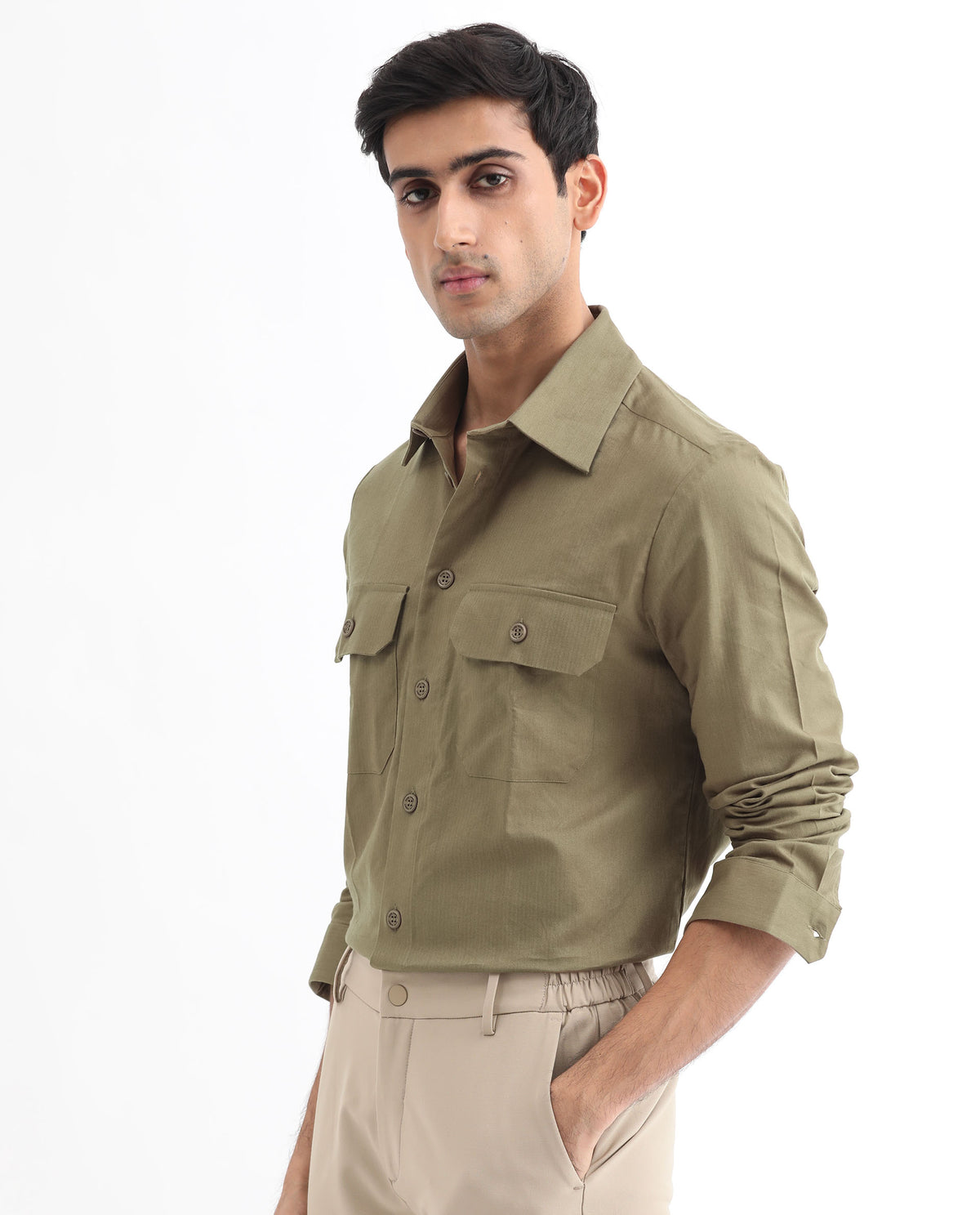 Rare Rabbit Men's Lampil Light Olive Cotton Fabric Full Sleeves Solid Shirt