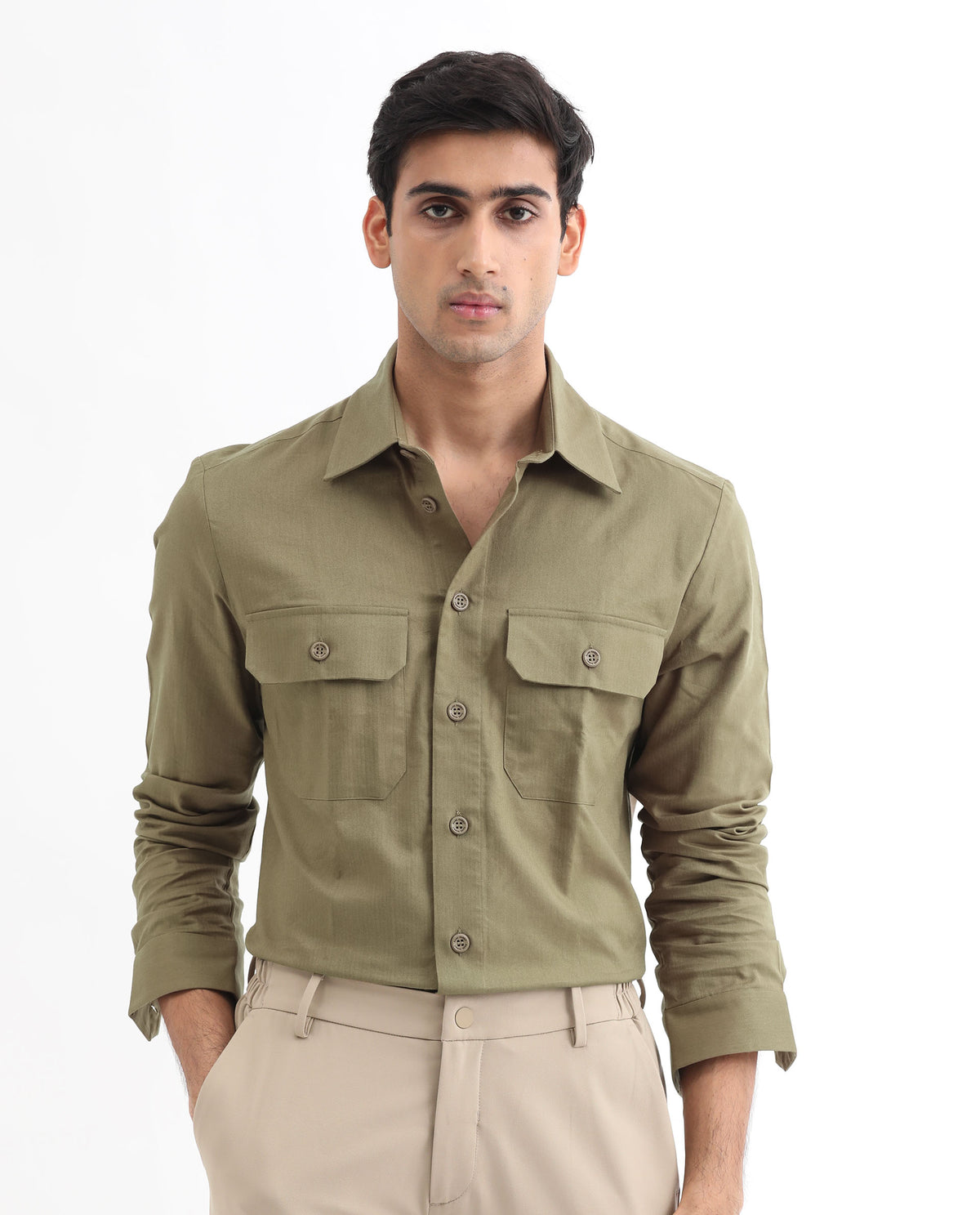 Rare Rabbit Men's Lampil Light Olive Cotton Fabric Full Sleeves Solid Shirt