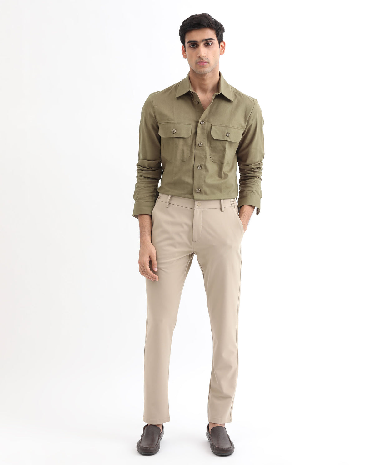 Rare Rabbit Men's Lampil Light Olive Cotton Fabric Full Sleeves Solid Shirt