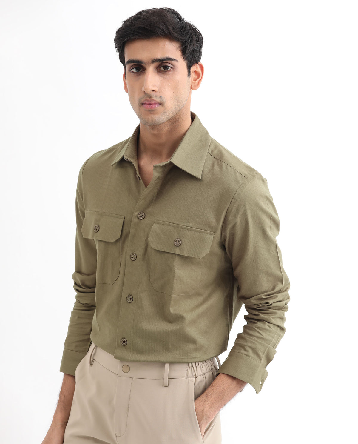 Rare Rabbit Men's Lampil Light Olive Cotton Fabric Full Sleeves Solid Shirt