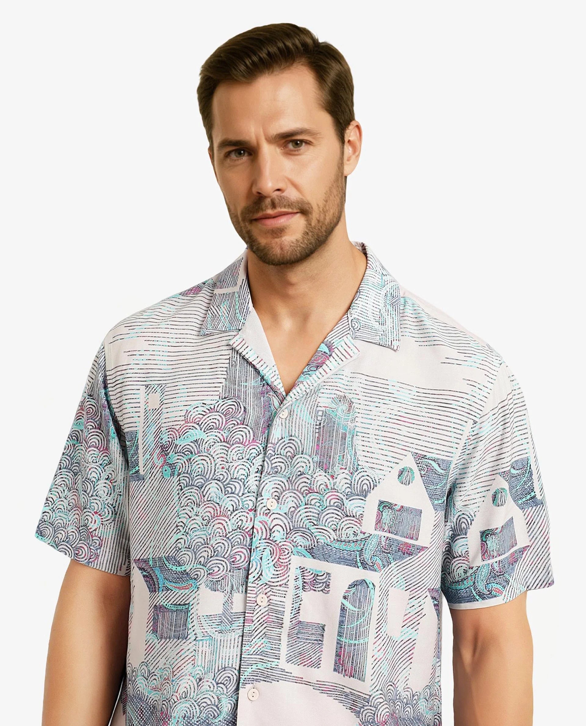 Rare Rabbit Men Lanco Pastel Pink Short Sleeve Cuban Collar Button Closure Boxy Fit Decorative Placement Print Shirt