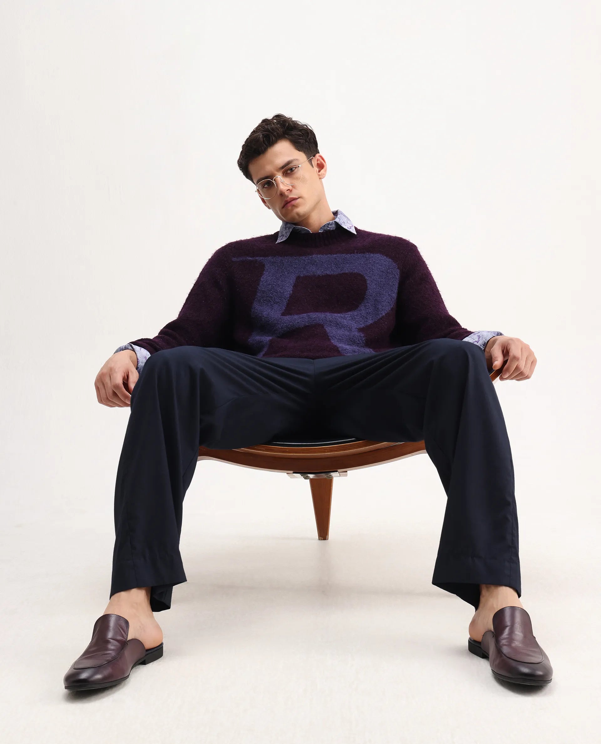 Rare Rabbit Men's Lang Purple Nylon Printed Regular Fit Full Sleeve Crew Neck Sweater