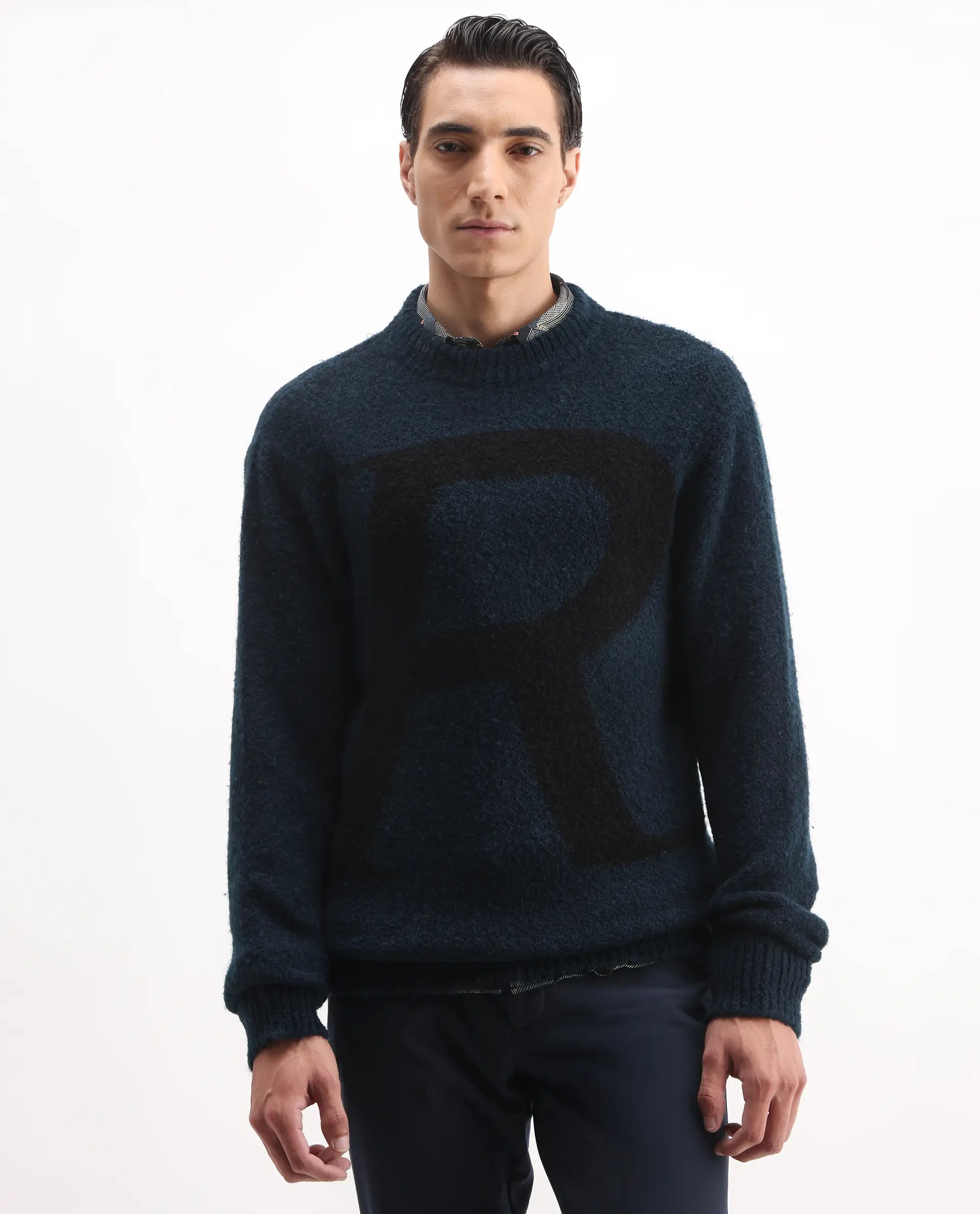 Rare Rabbit Men's Lang Teal Cotton Printed Regular Fit Full Sleeve Crew Neck Sweater