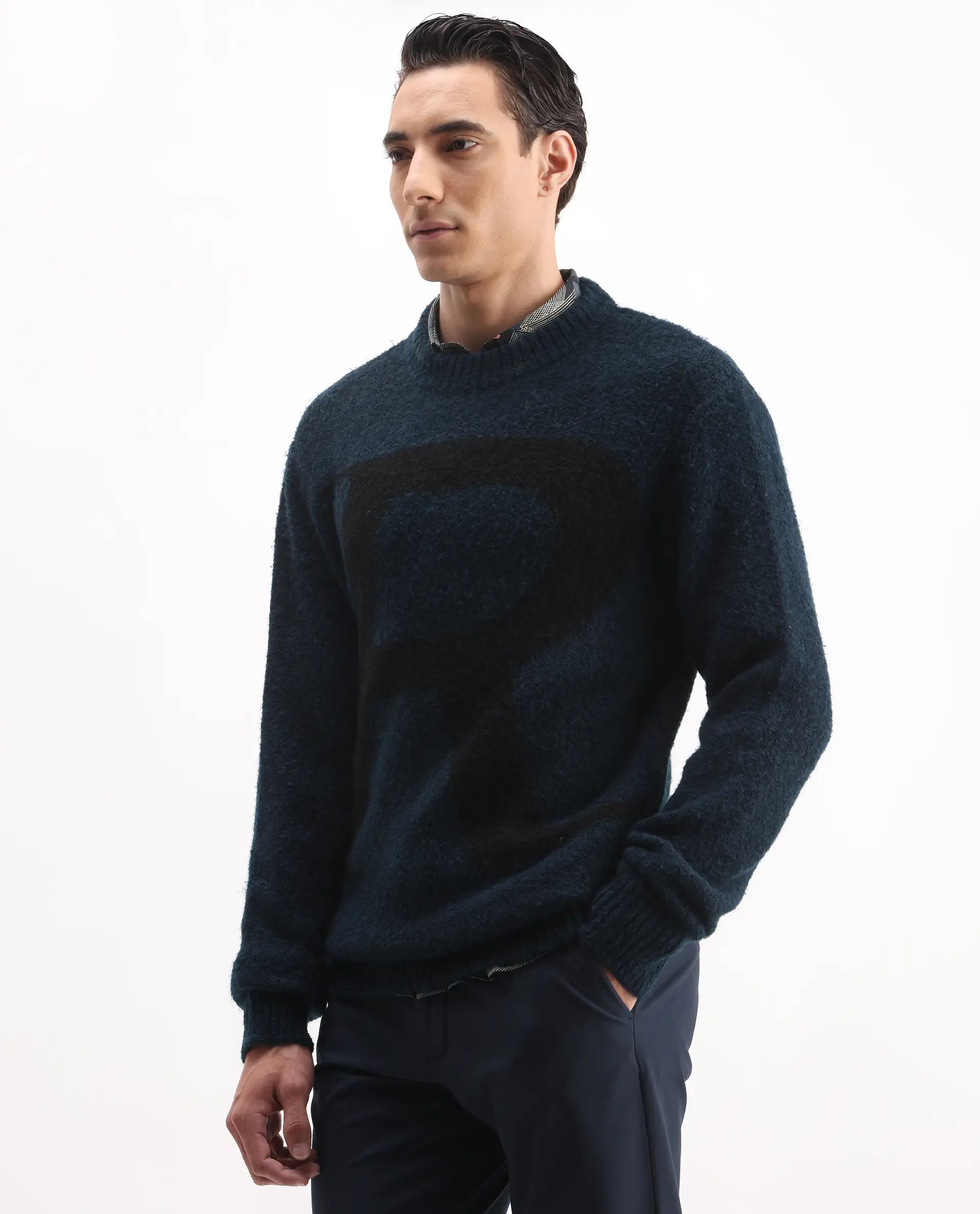 Rare Rabbit Men's Lang Teal Cotton Printed Regular Fit Full Sleeve Crew Neck Sweater