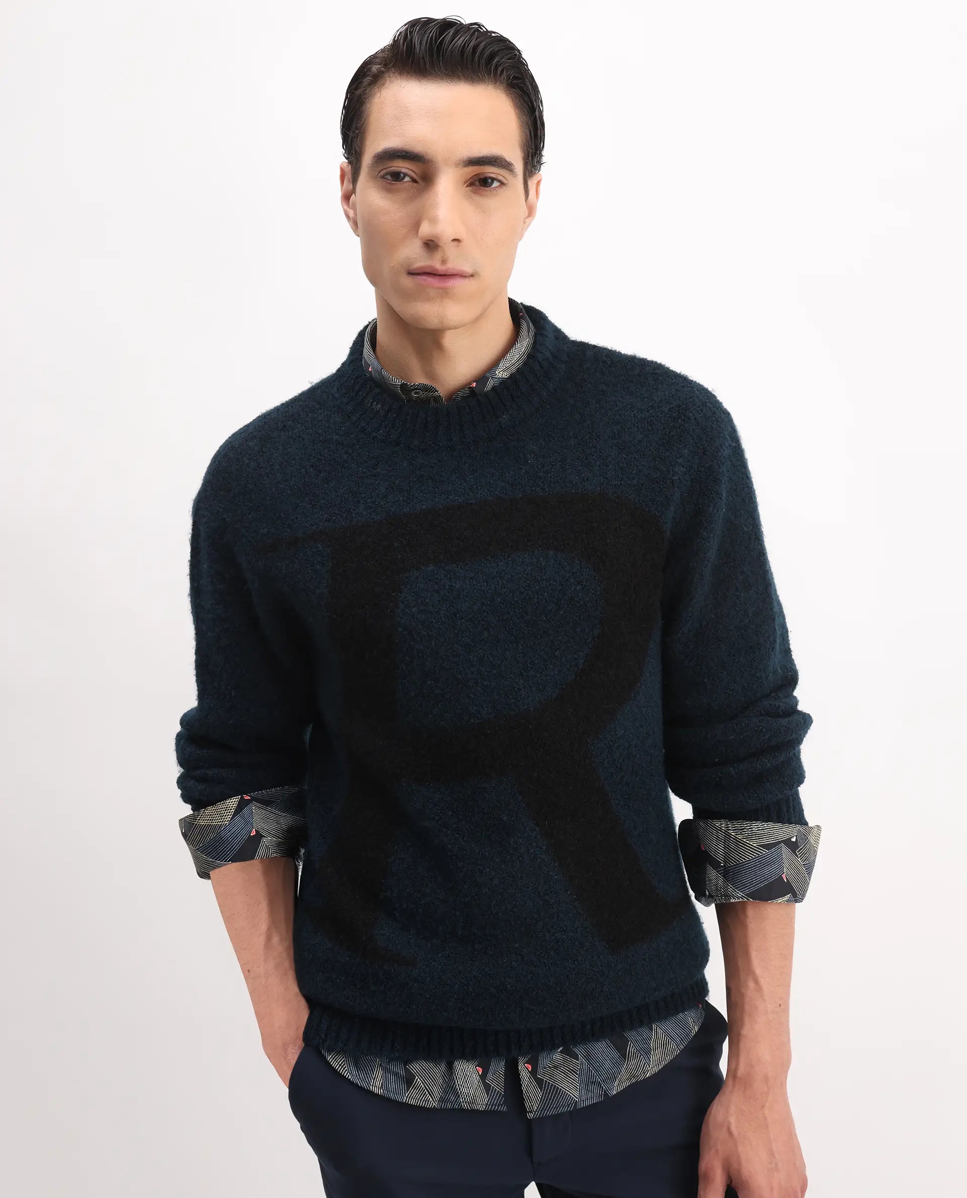 Rare Rabbit Men's Lang Teal Cotton Printed Regular Fit Full Sleeve Crew Neck Sweater