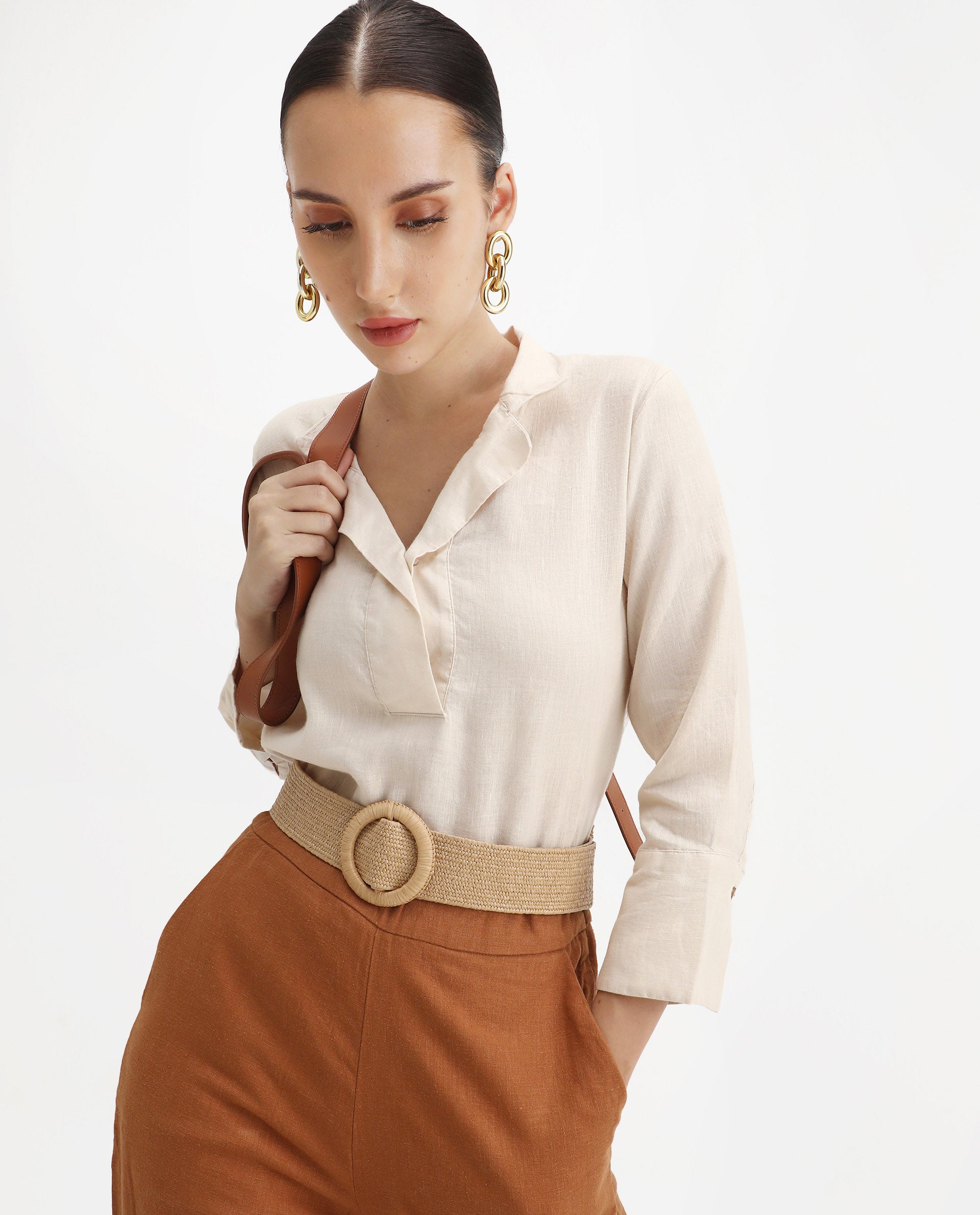 Rareism Women's Laos Pastel Beige Cotton Blend V-Neck Plain Regular Fit Top