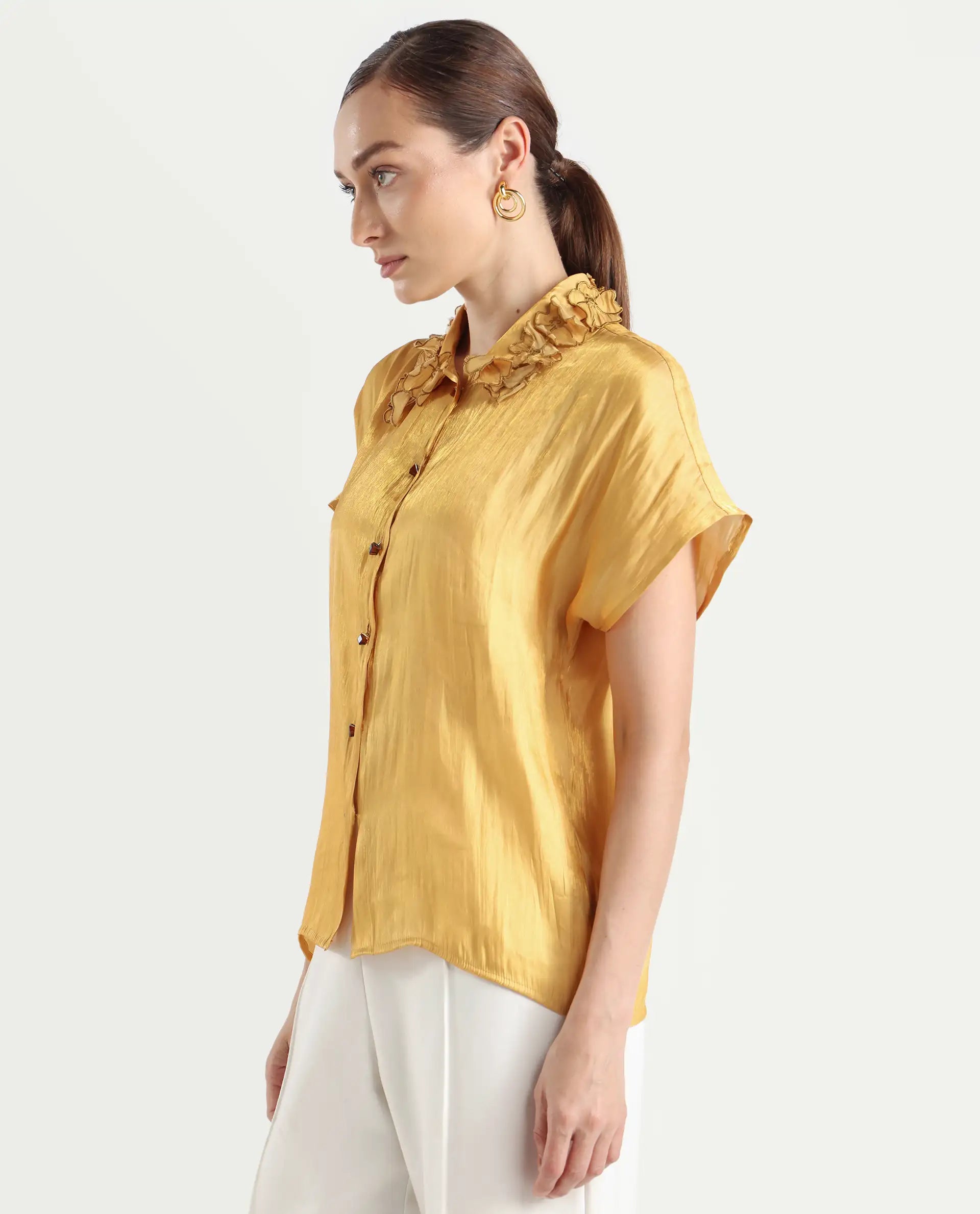 Rareism Women's Larfa Yellow Polyester Drop Collar Plain Boxy Fit Shirt