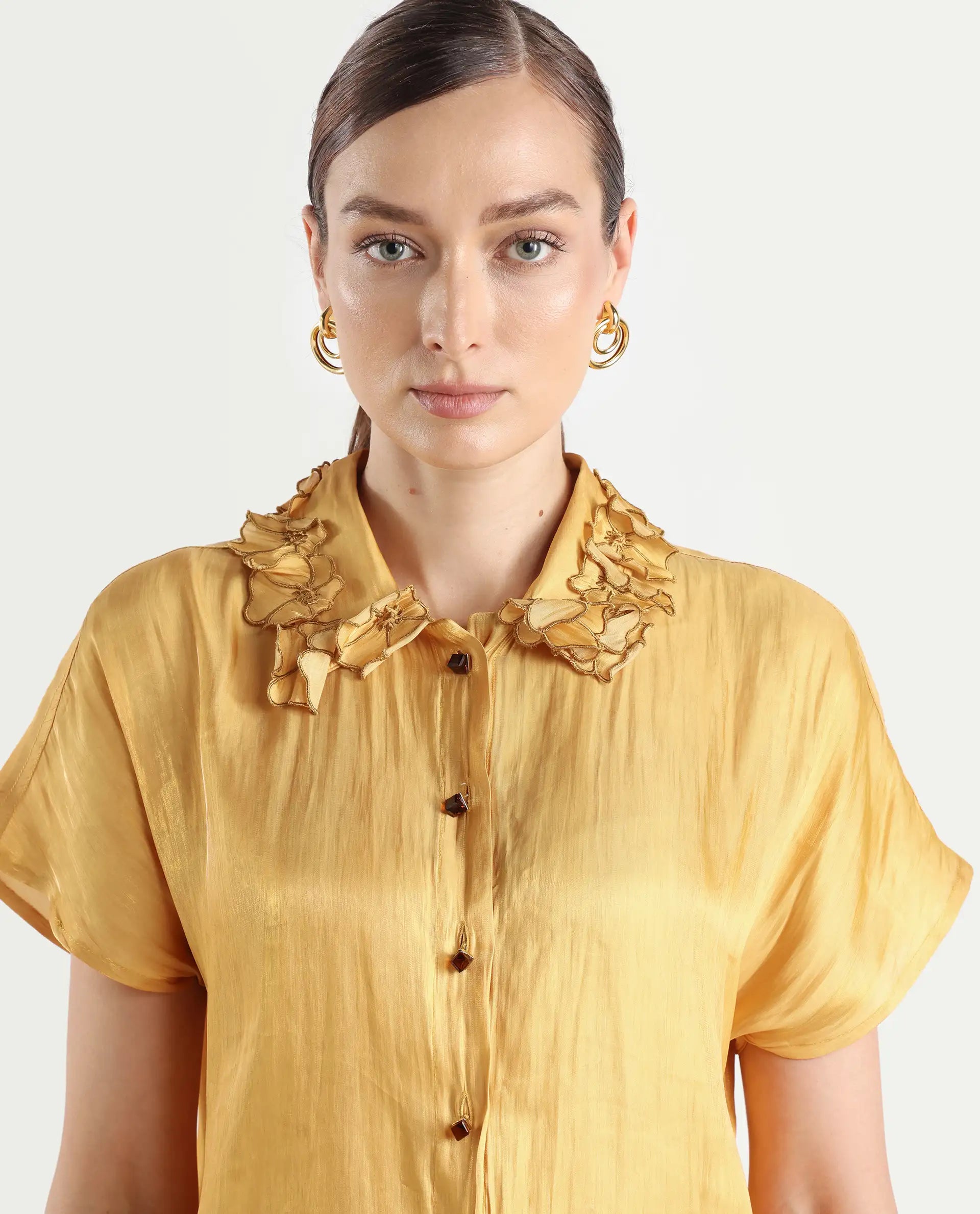 Rareism Women's Larfa Yellow Polyester Drop Collar Plain Boxy Fit Shirt