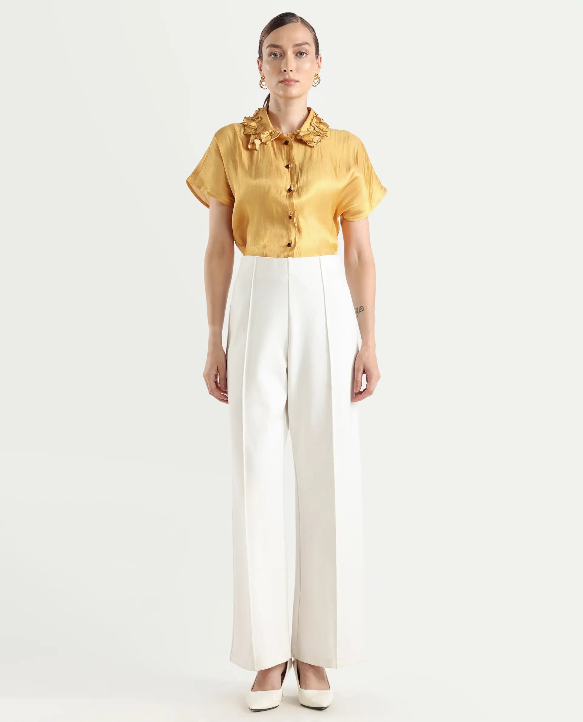 Rareism Women's Larfa Yellow Polyester Drop Collar Plain Boxy Fit Shirt