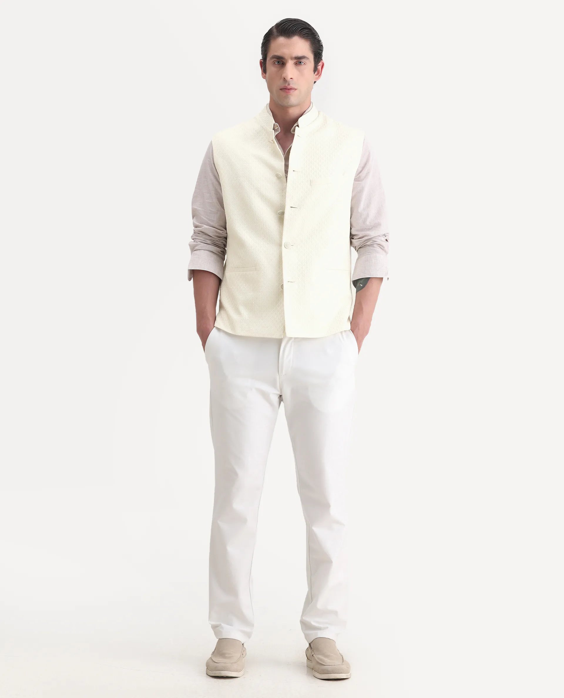 Rare Rabbit Men's Guild Festive Lasmos B1 Off White Viscose Embroidered Regular Fit Sleeveless Mandarin Collar Bandhgala