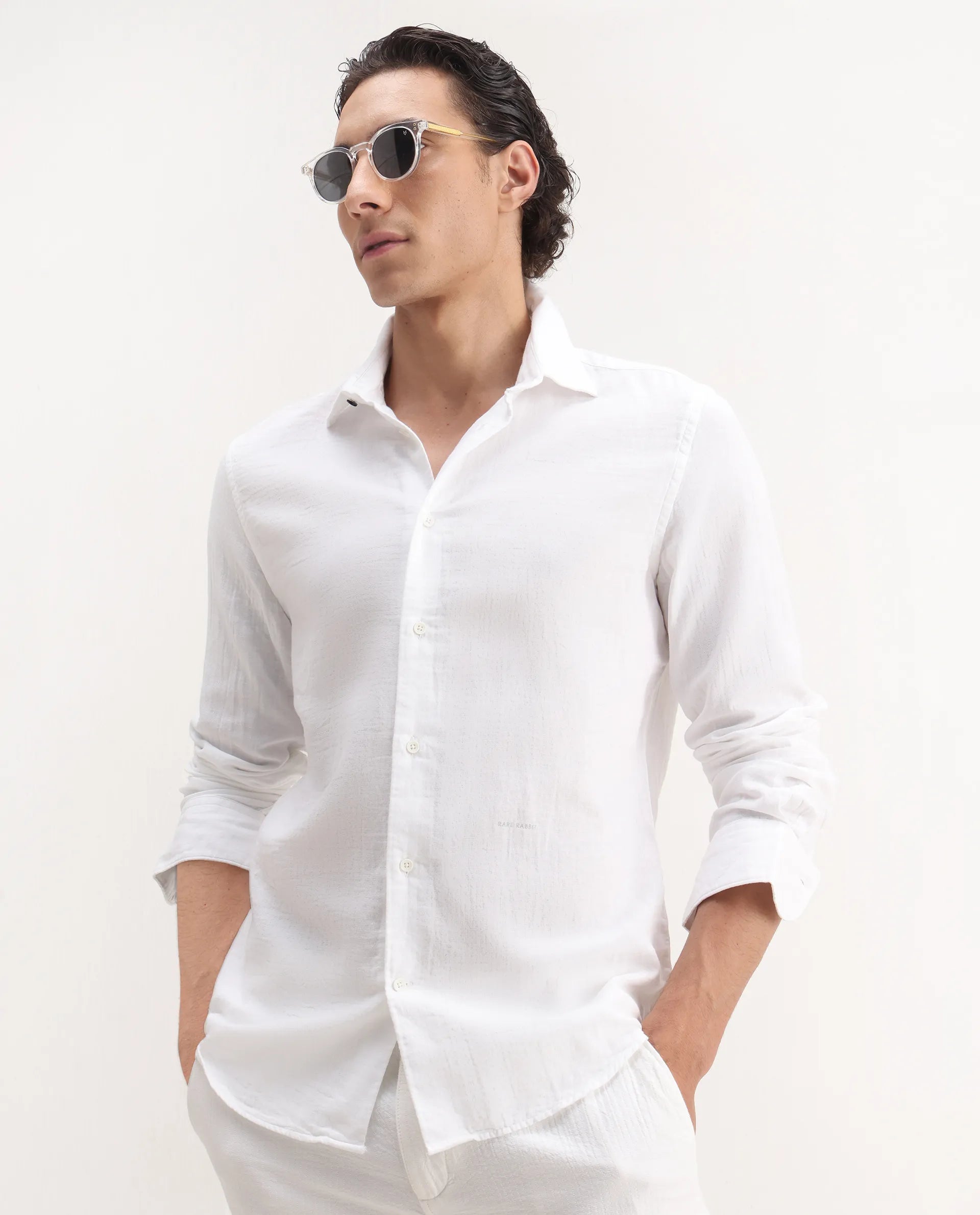 Rare Rabbit Men's Lassen Ls White Cotton Plain Relaxed Fit Full Sleeve Collared Shirt