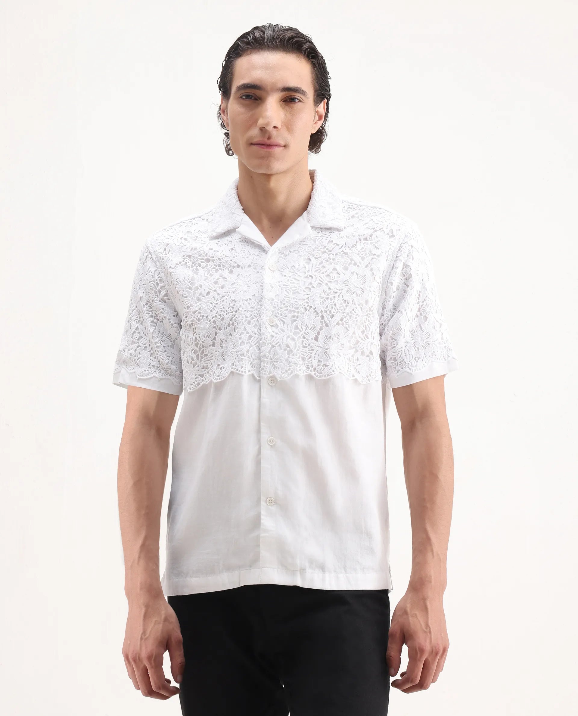 Rare Rabbit Men's Lassen White Cotton Embroidered Boxy Fit Half Sleeve Cuban Collar Shirt