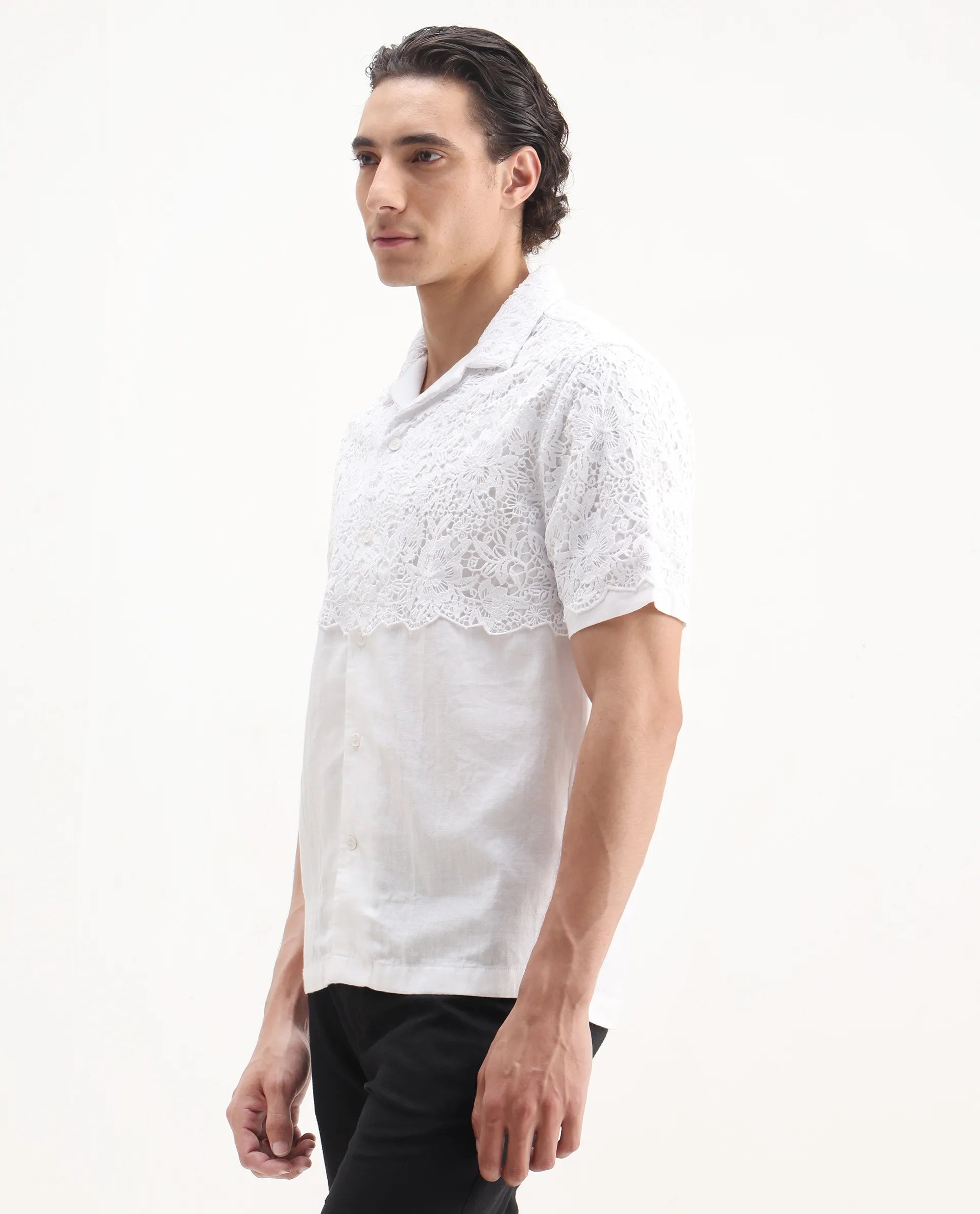 Rare Rabbit Men's Lassen White Cotton Embroidered Boxy Fit Half Sleeve Cuban Collar Shirt