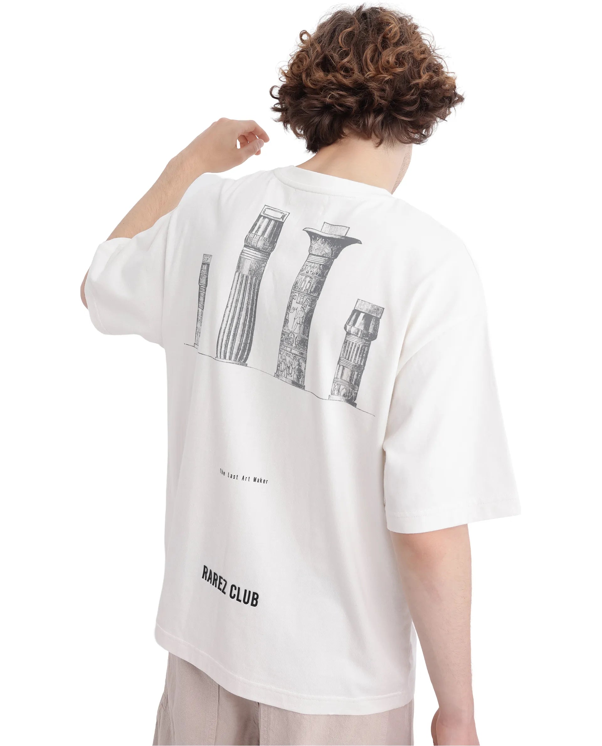 Rare Rabbit Men Laun Off White Cotton Fabric Short Sleeve Crew Neck Oversized Fit Off Placement HD Print T-Shirt