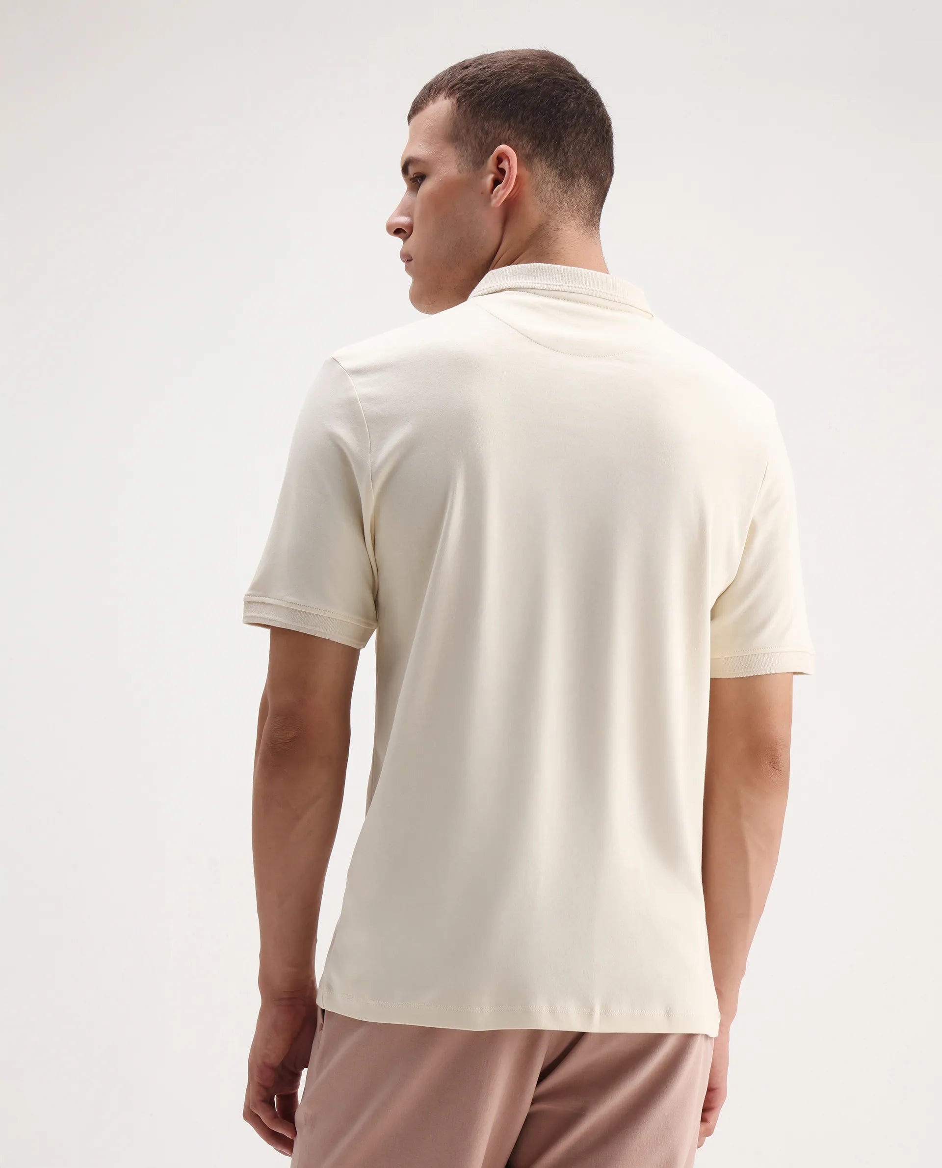 Rare Rabbit Men's Laur Off White Cotton Plain Regular Fit Half Sleeve Polo