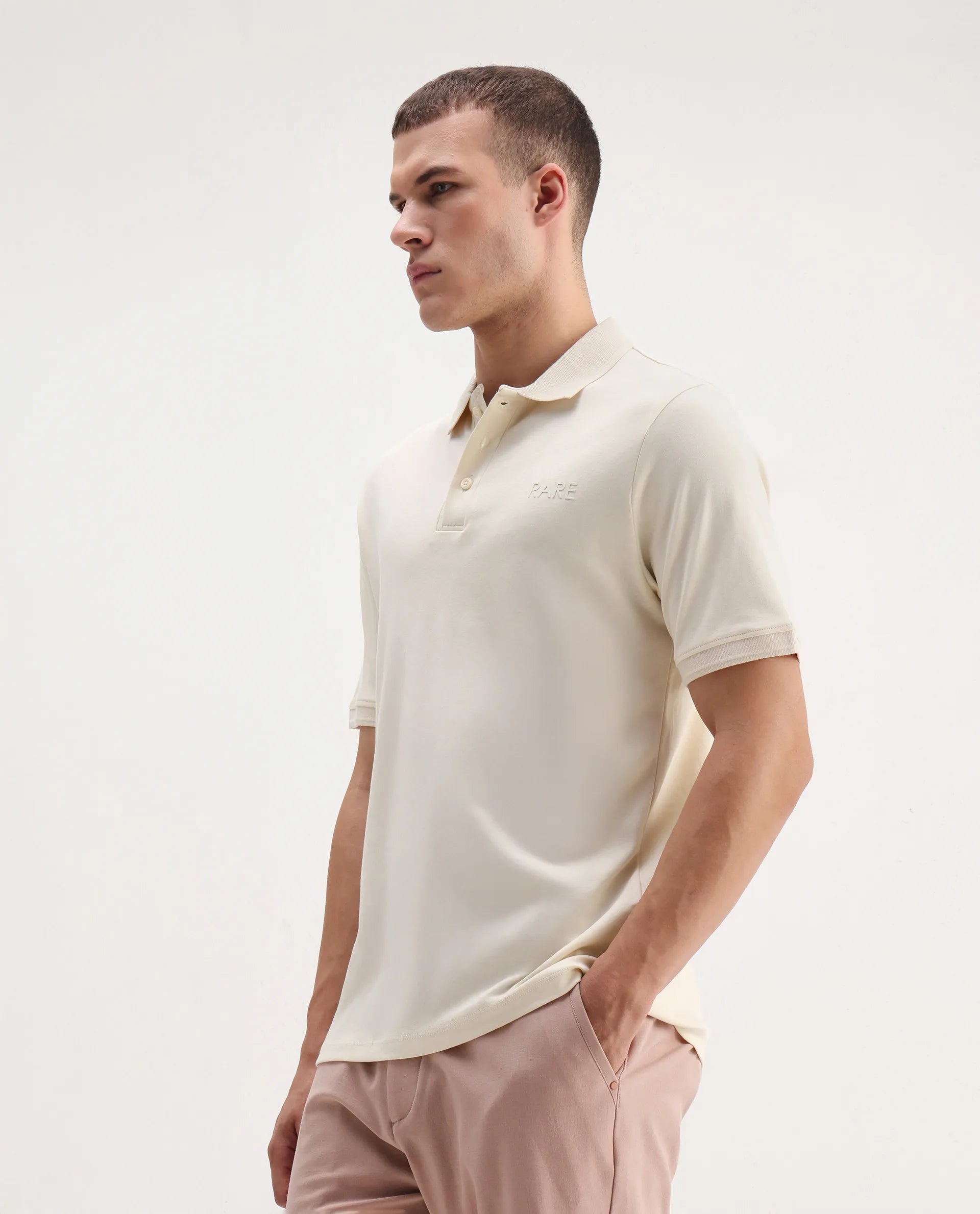 Rare Rabbit Men's Laur Off White Cotton Plain Regular Fit Half Sleeve Polo