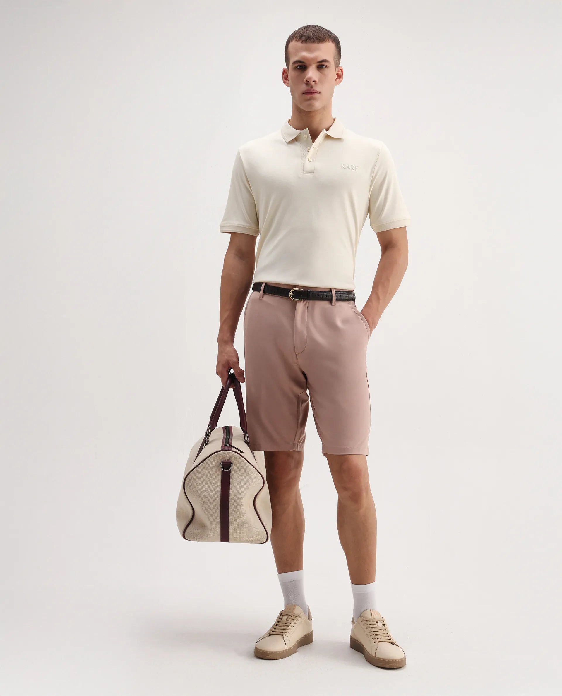 Rare Rabbit Men's Laur Off White Cotton Plain Regular Fit Half Sleeve Polo