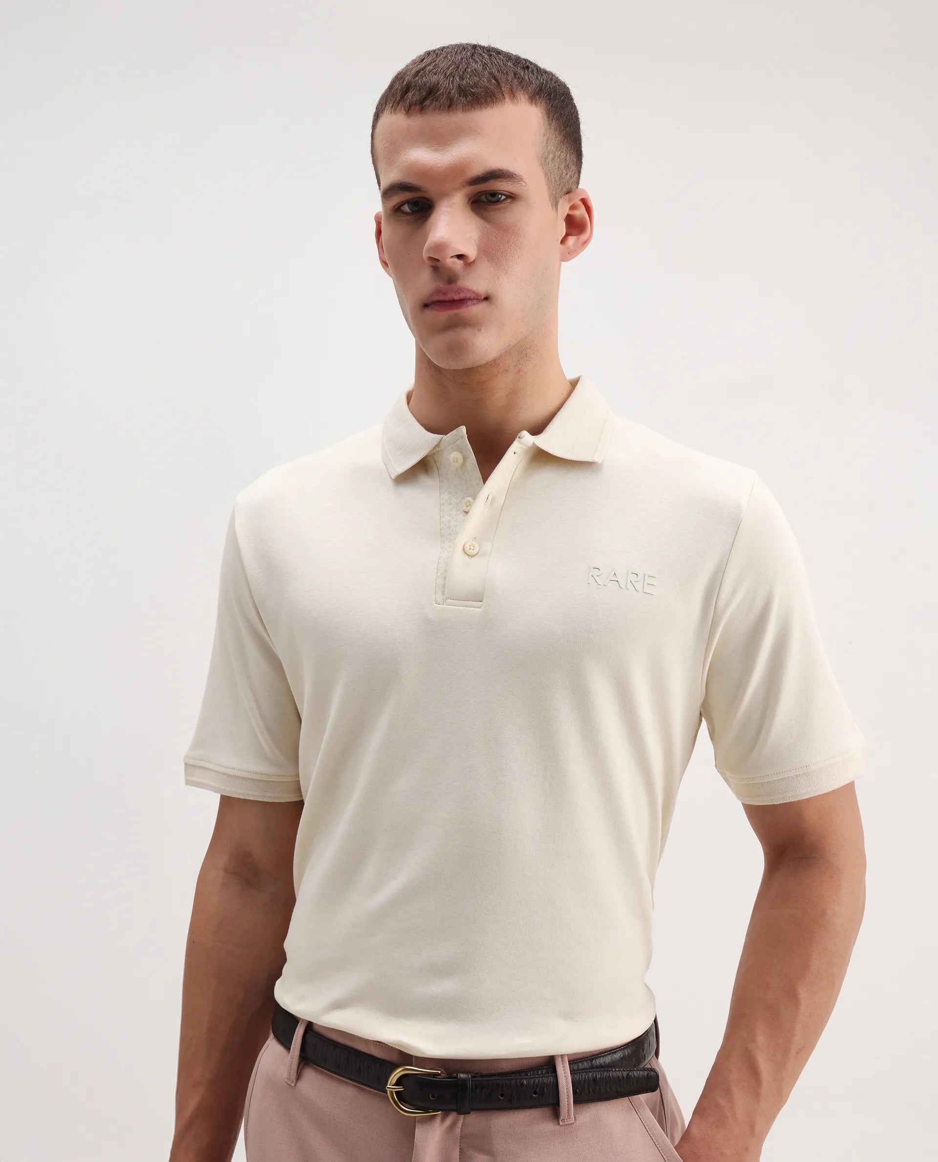 Rare Rabbit Men's Laur Off White Cotton Plain Regular Fit Half Sleeve Polo
