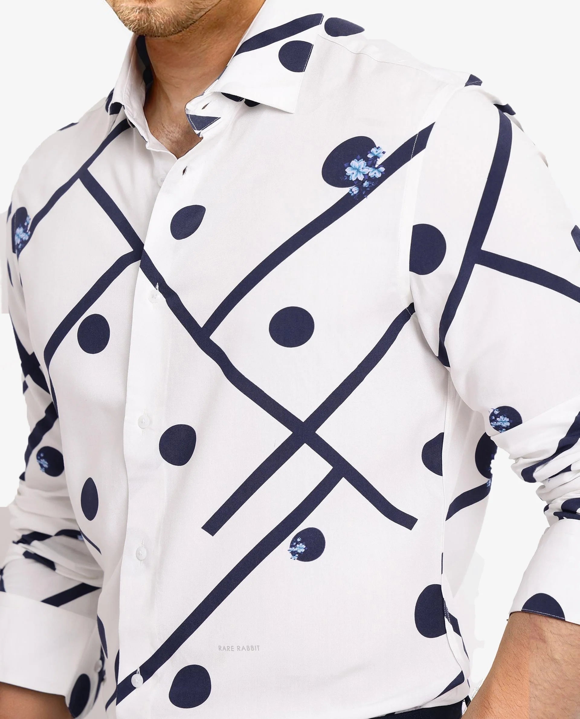Rare Rabbit Men Laveno-1 Off White Cotton Fabric Full Sleeve Geometric Print Regular Fit Shirt