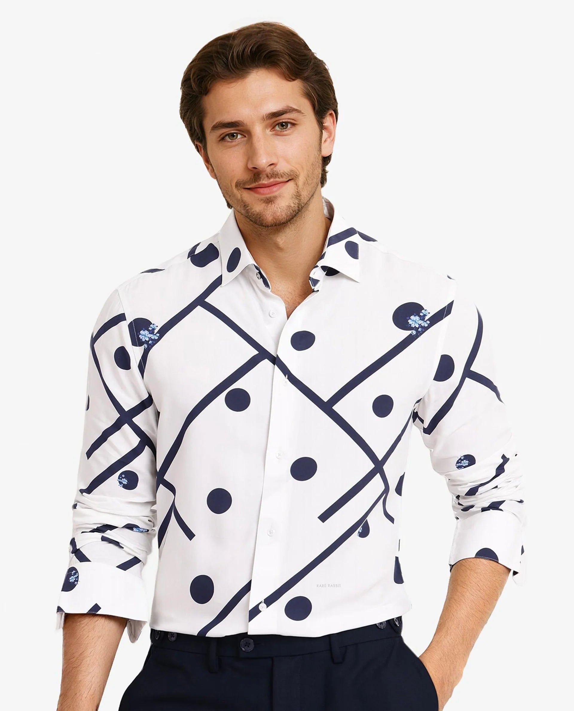 Rare Rabbit Men Laveno-1 Off White Cotton Fabric Full Sleeve Geometric Print Regular Fit Shirt