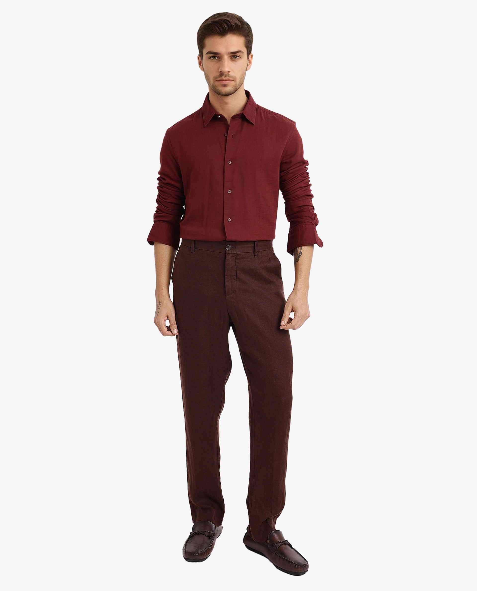 Rare Rabbit  Men's Layerr-2 Rust Cotton Fabric Full Sleeve Regular Fit Solid Shirt