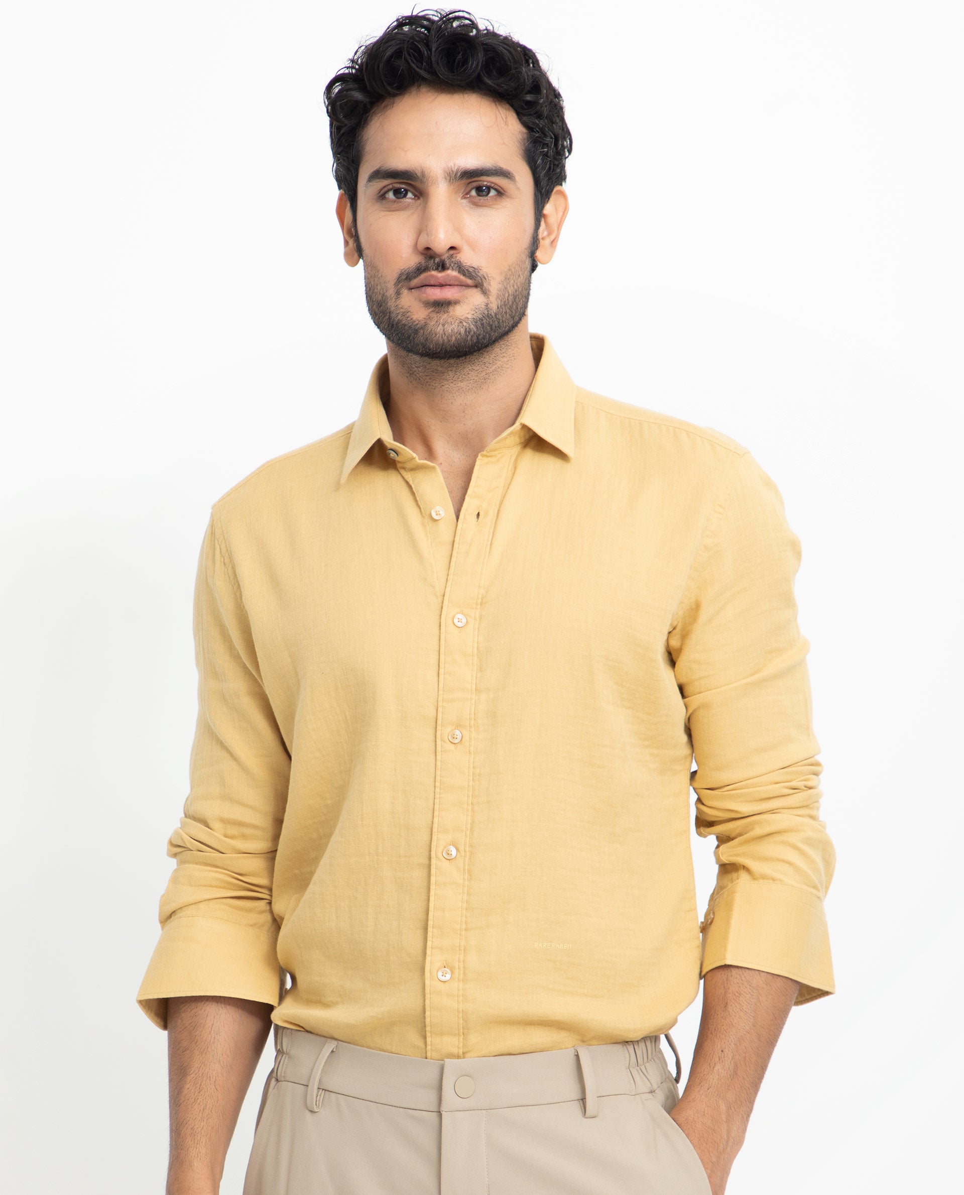 Rare Rabbit Men's Layerrs Yellow Cotton Fabric Full Sleeves Solid Shirt