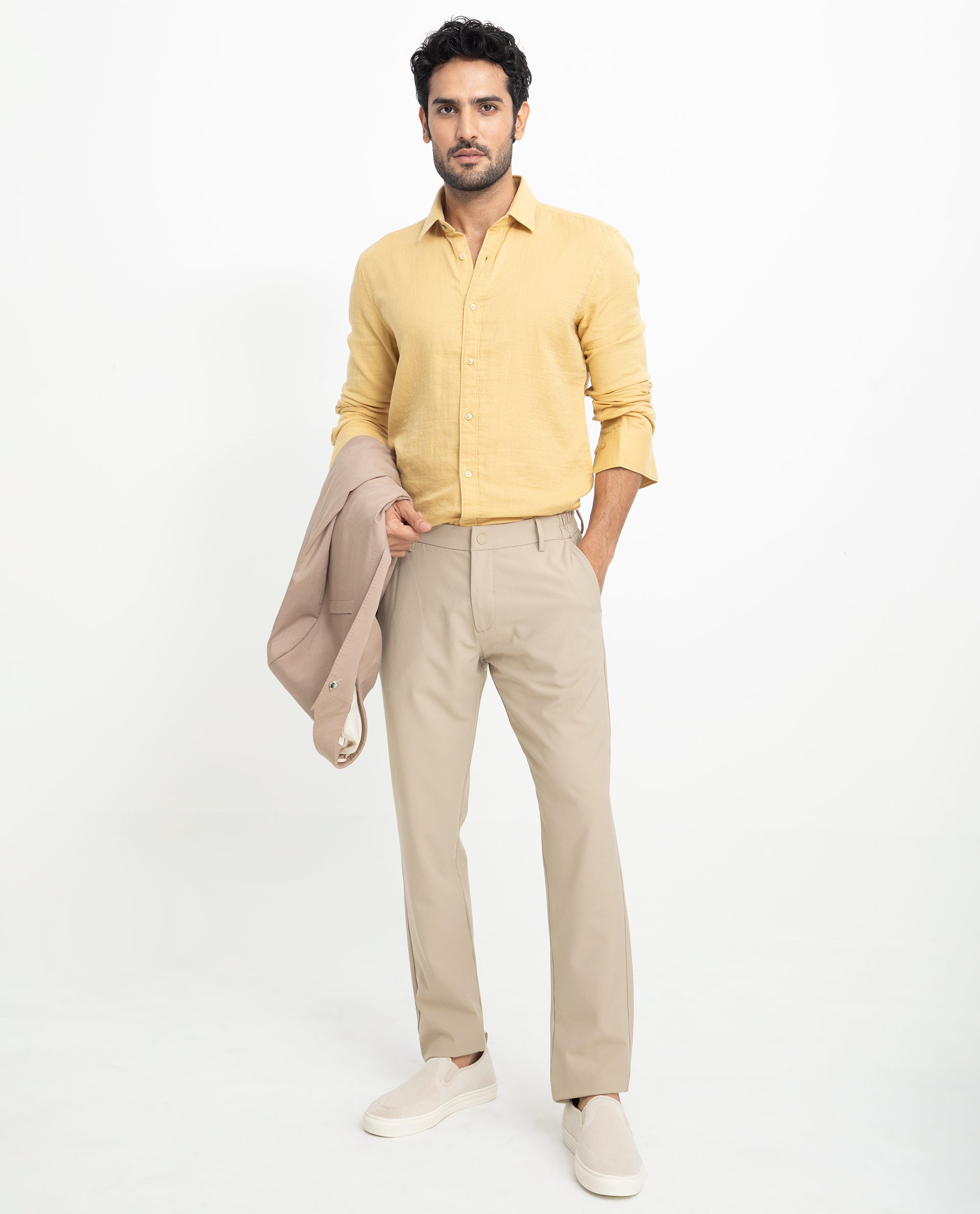 Rare Rabbit Men's Layerrs Yellow Cotton Fabric Full Sleeves Solid Shirt