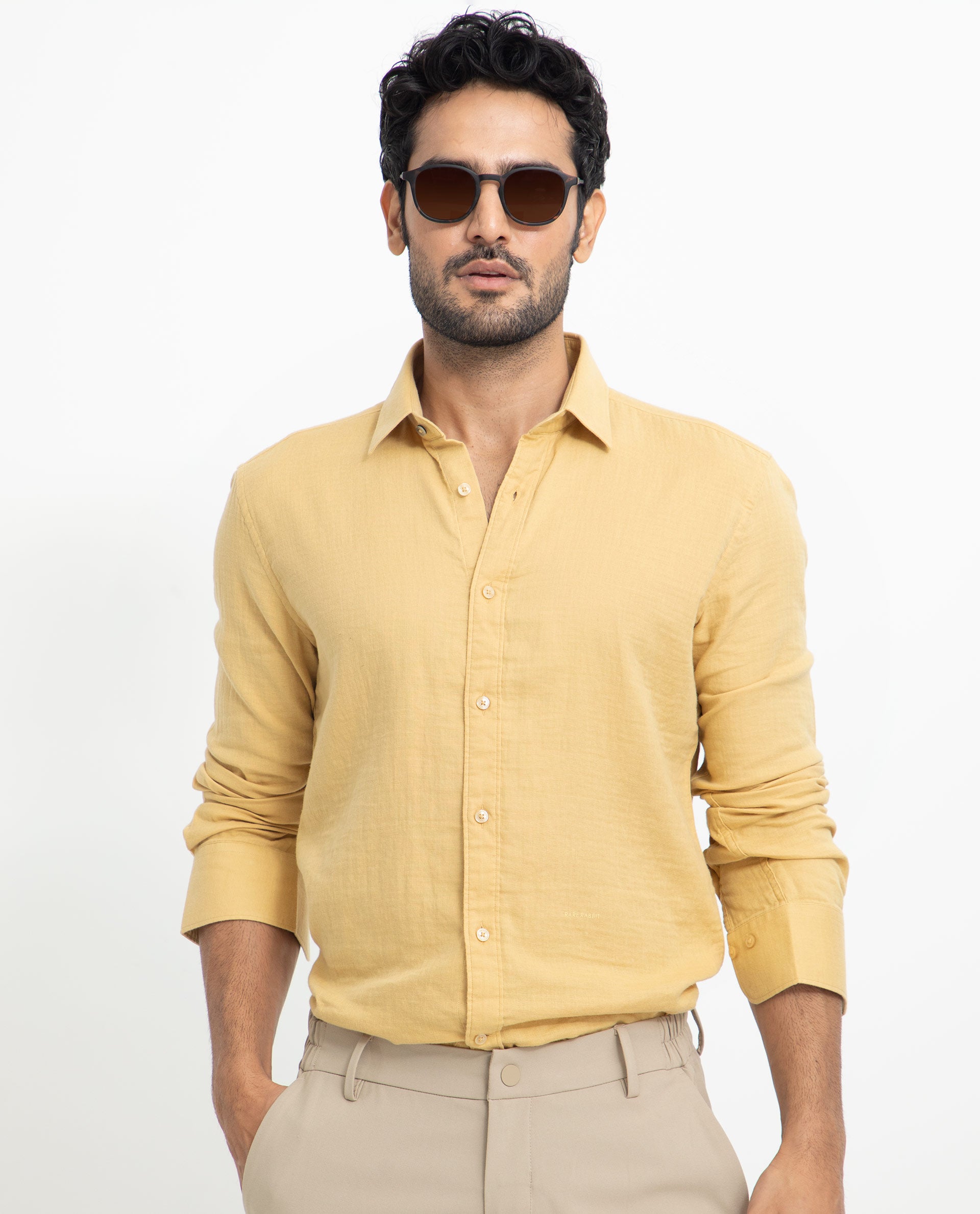 Rare Rabbit Men's Layerrs Yellow Cotton Fabric Full Sleeves Solid Shirt