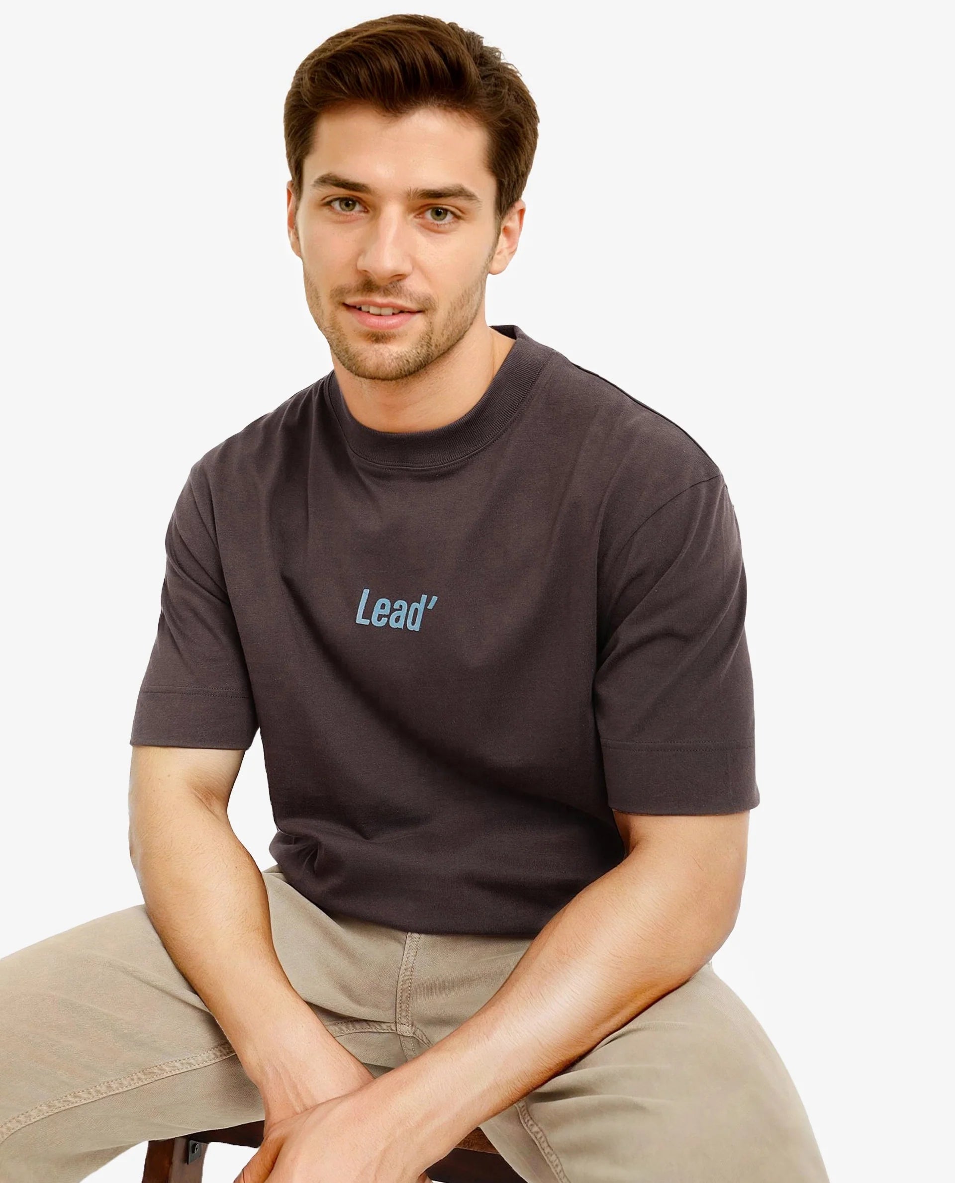 Rare Rabbit Men Lea Brown Short Sleeve Crew Neck Oversized Fit Plain T-Shirt