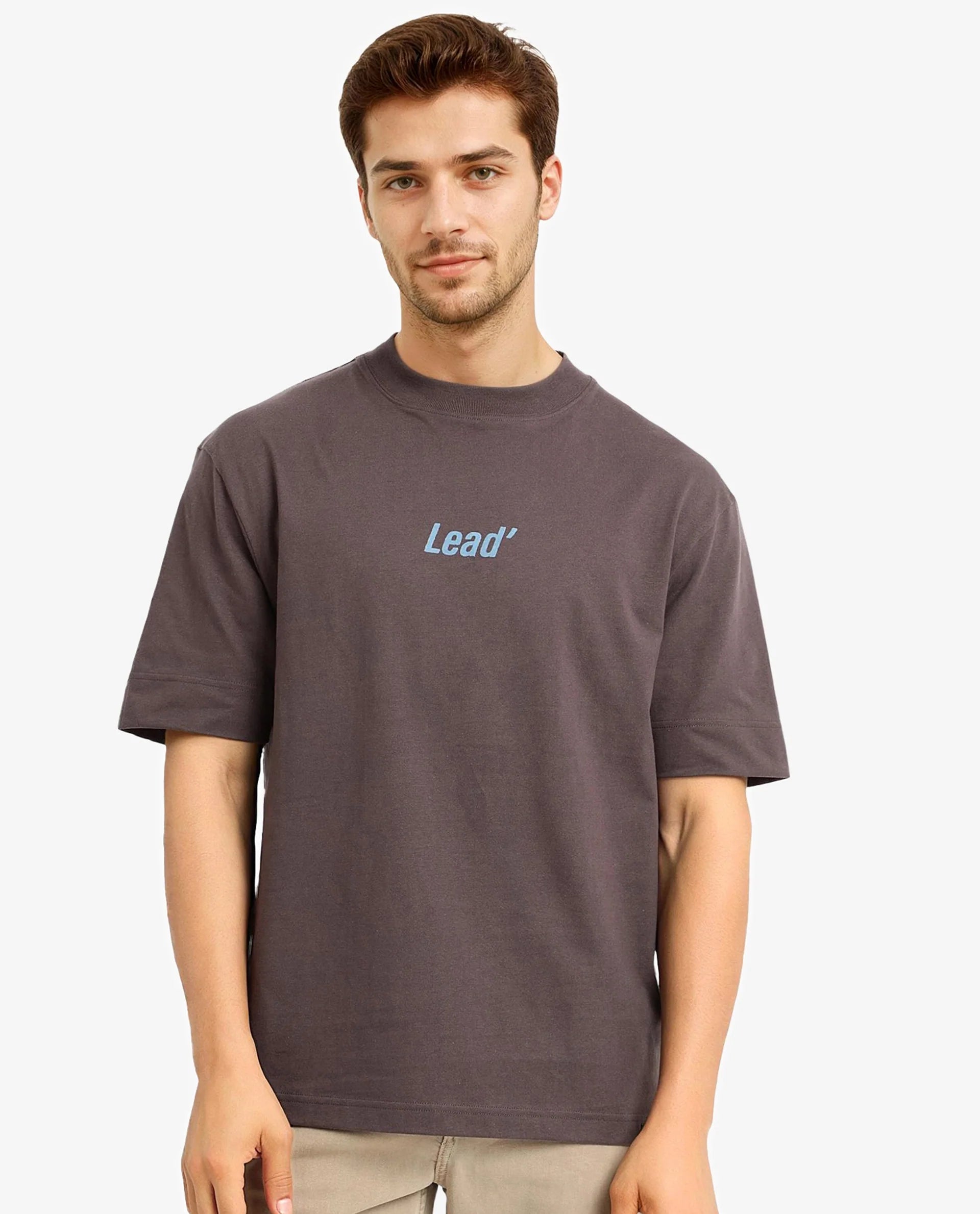 Rare Rabbit Men Lea Brown Short Sleeve Crew Neck Oversized Fit Plain T-Shirt