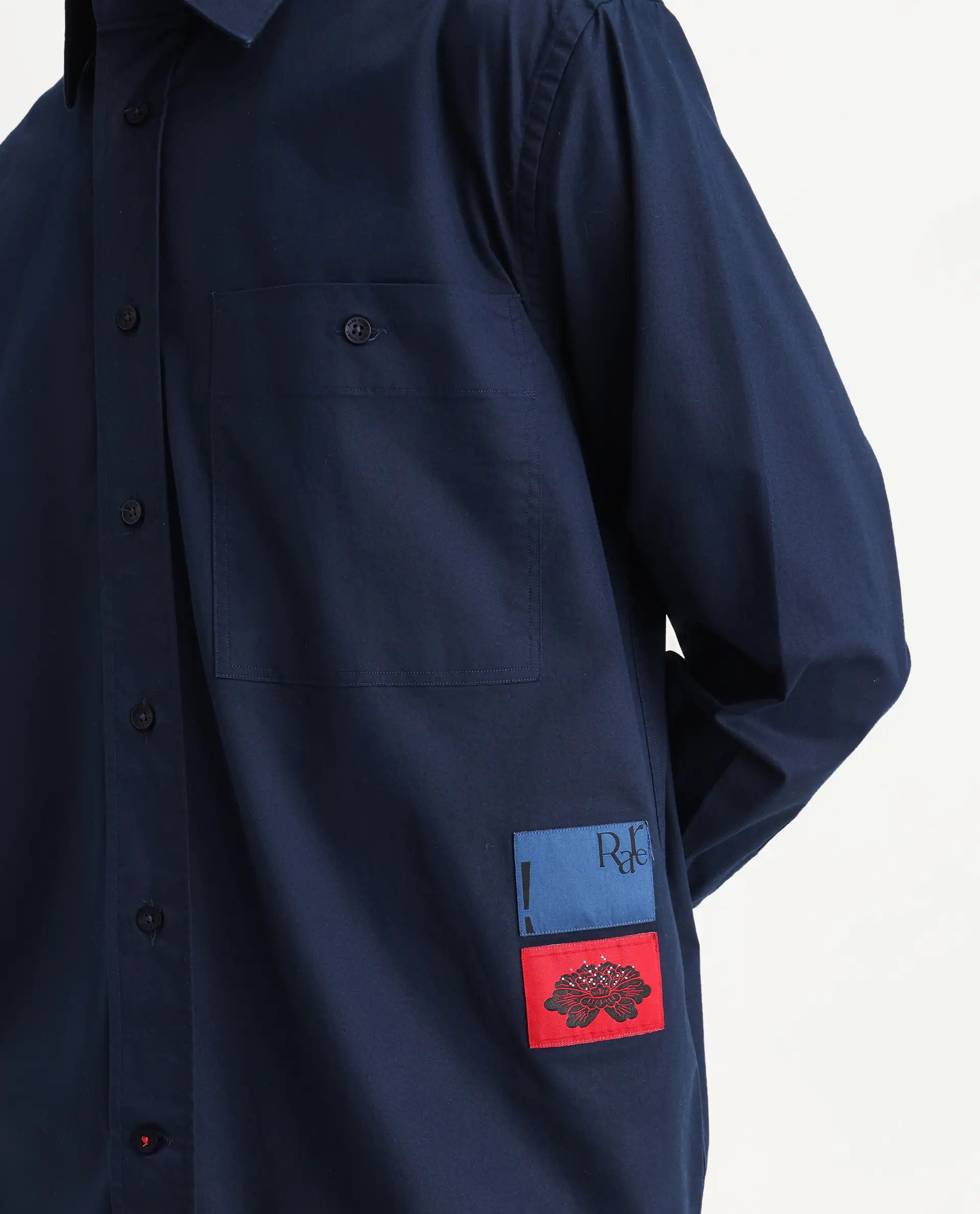 Rare Rabbit Men's Leif Navy Cotton Label Print Regular Fit Full Sleeve Collared Shirt