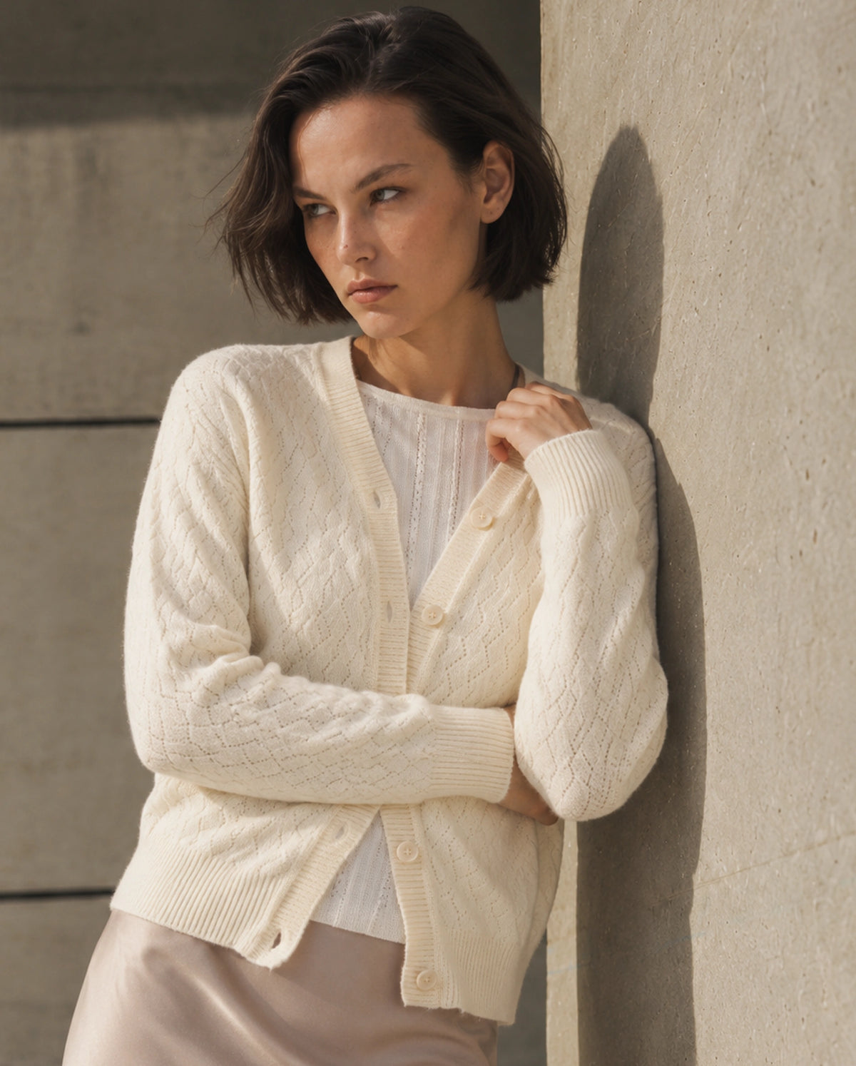 Rareism Women's Lence-A Off White Acrylic Blend Button Relaxed Fit Cardigan