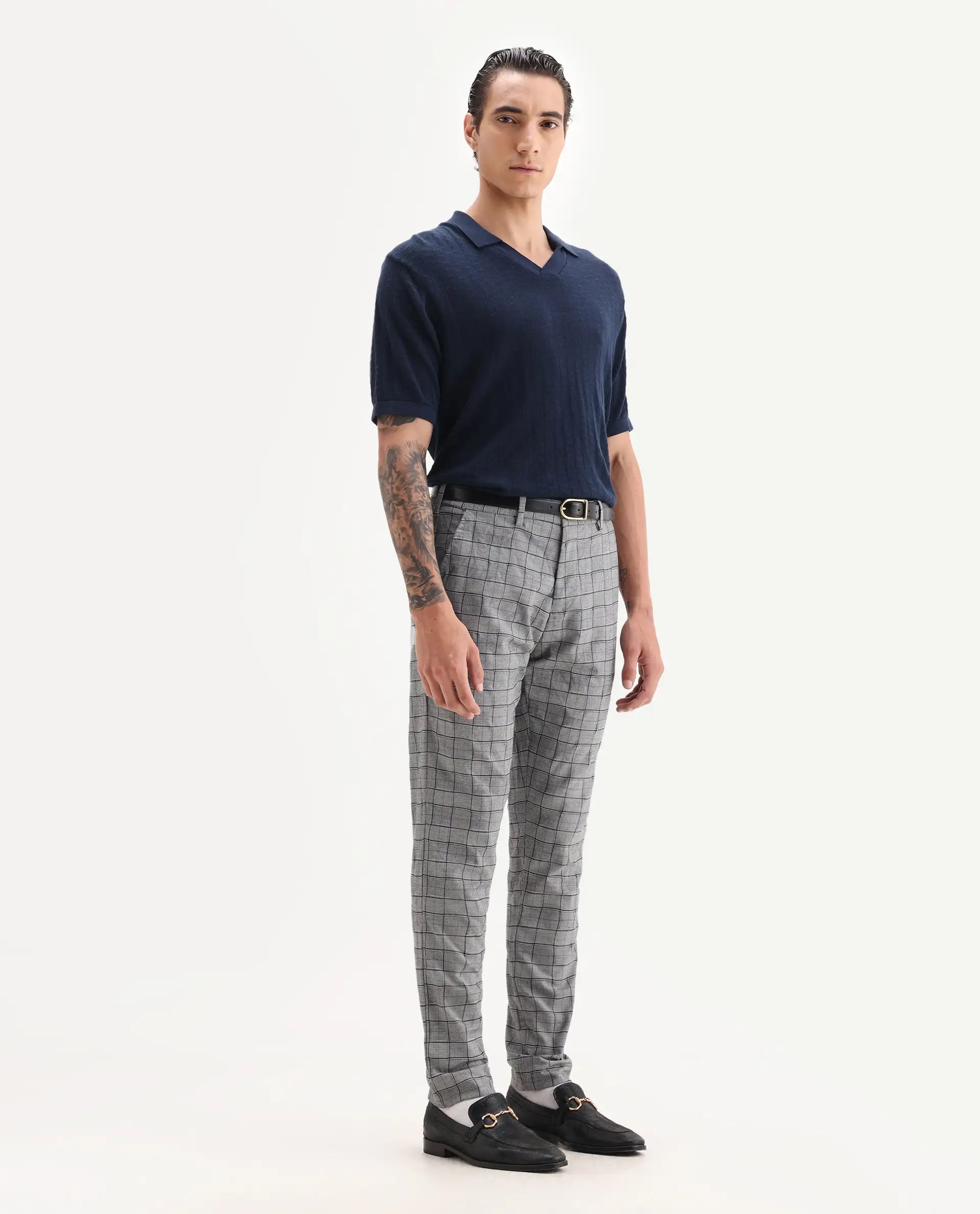 Rare Rabbit Men's Lenid Grey Polyester Checked Print Regular Fit Trouser